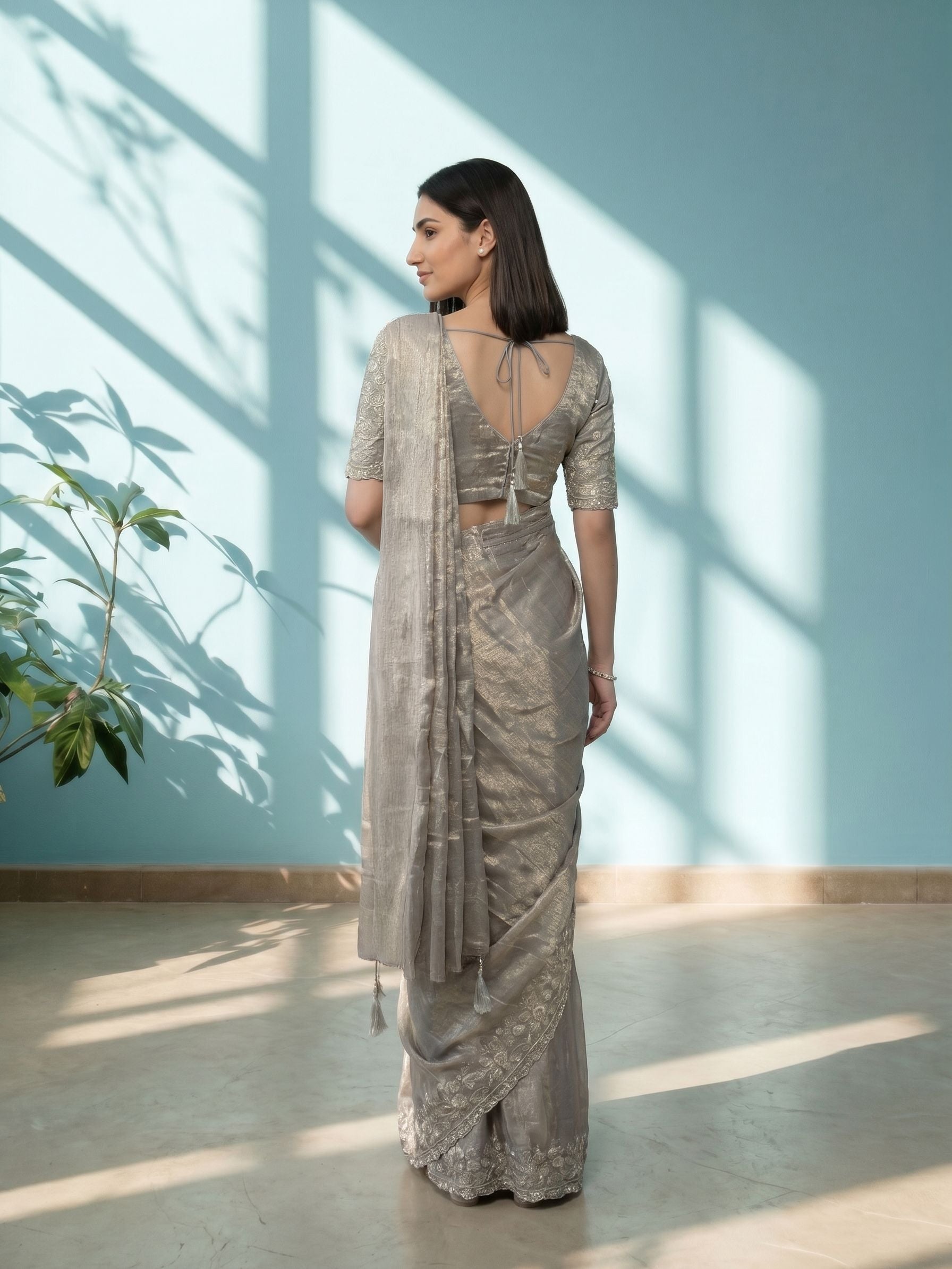 Shimmer Organza Silver Grey Festive Wear Ready to Wear Saree