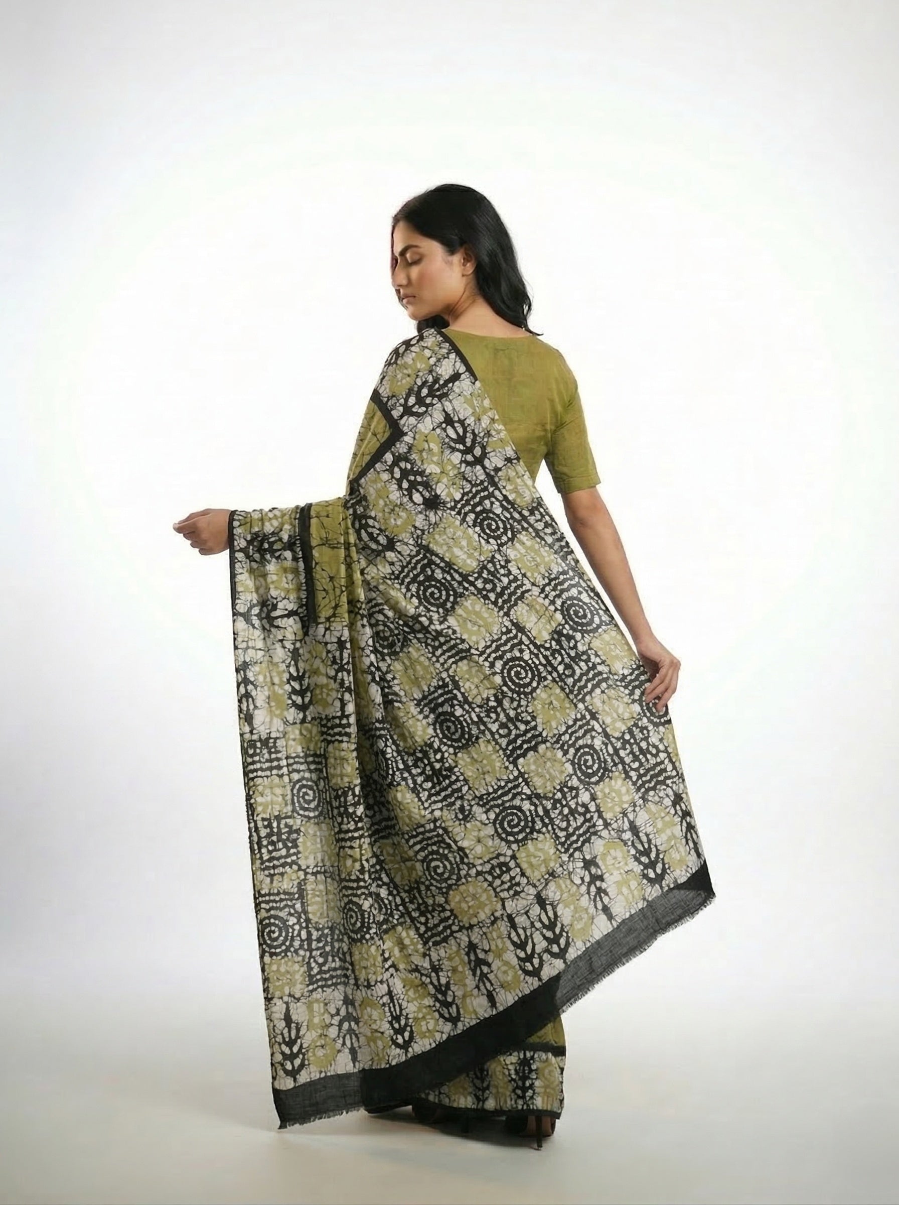 Cotton Saree in Olive Green with Abstract Print and Contrast Border