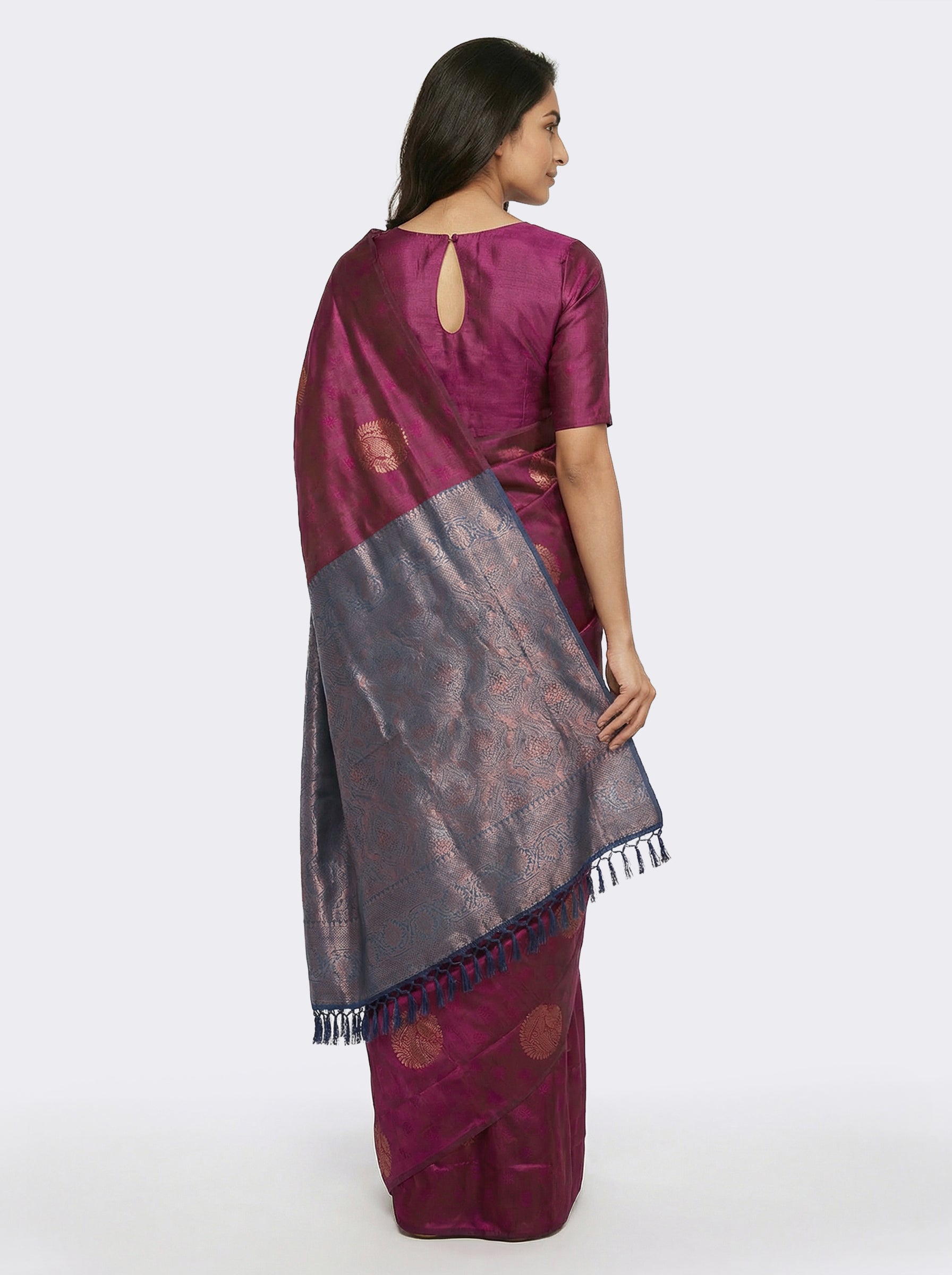 Semi Silk Wine Colour Saree with Banarasi Contrast Weave
