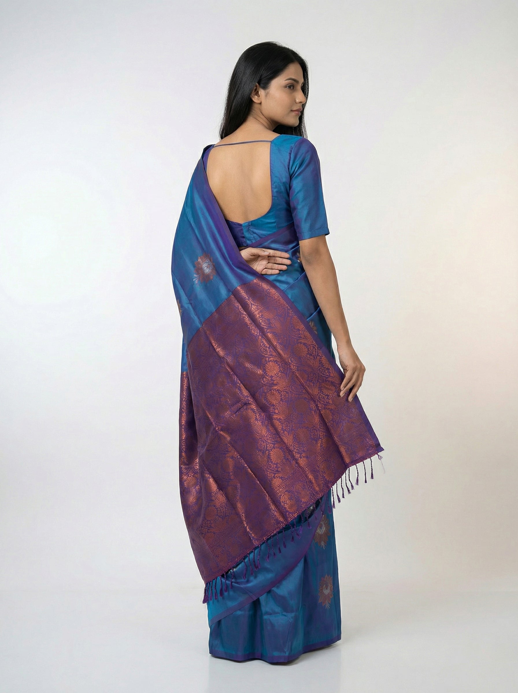 Semi Silk Peacock Blue Saree with Contrast Plum Violet Blouse