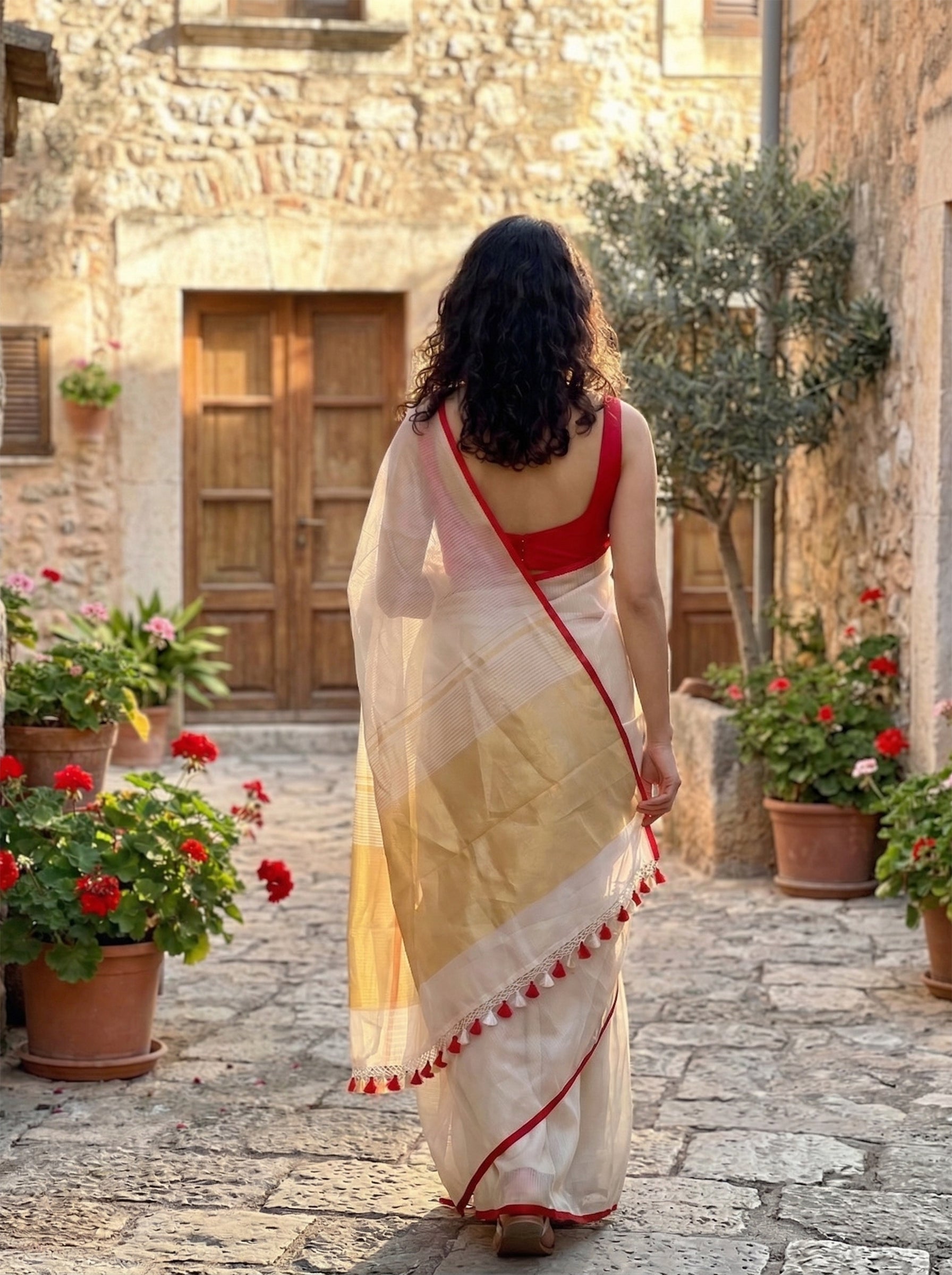 Tussar Elegant Off-White Saree with Red Contrast Border