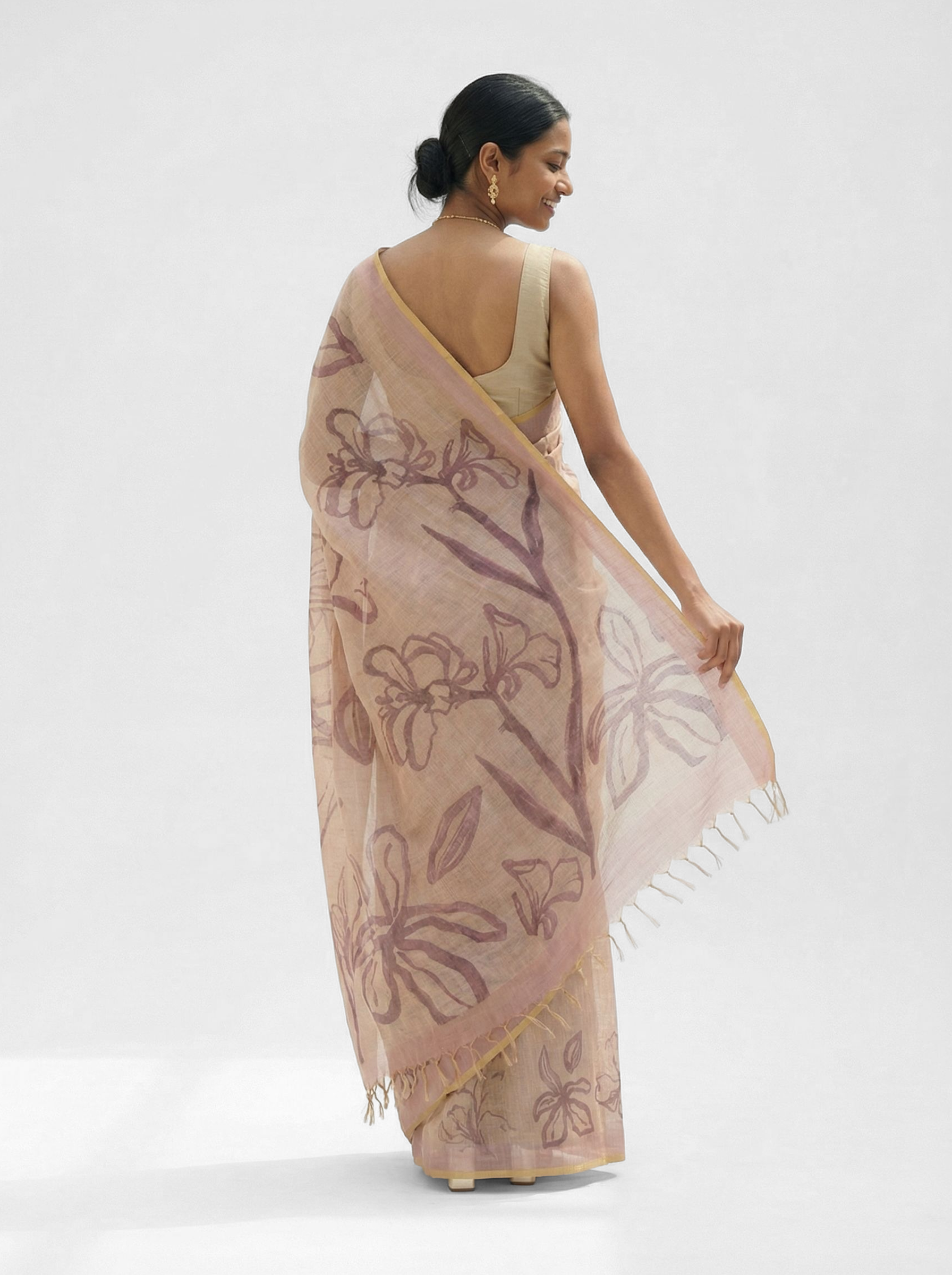 Chanderi Cotton Beige Abstract Floral Saree