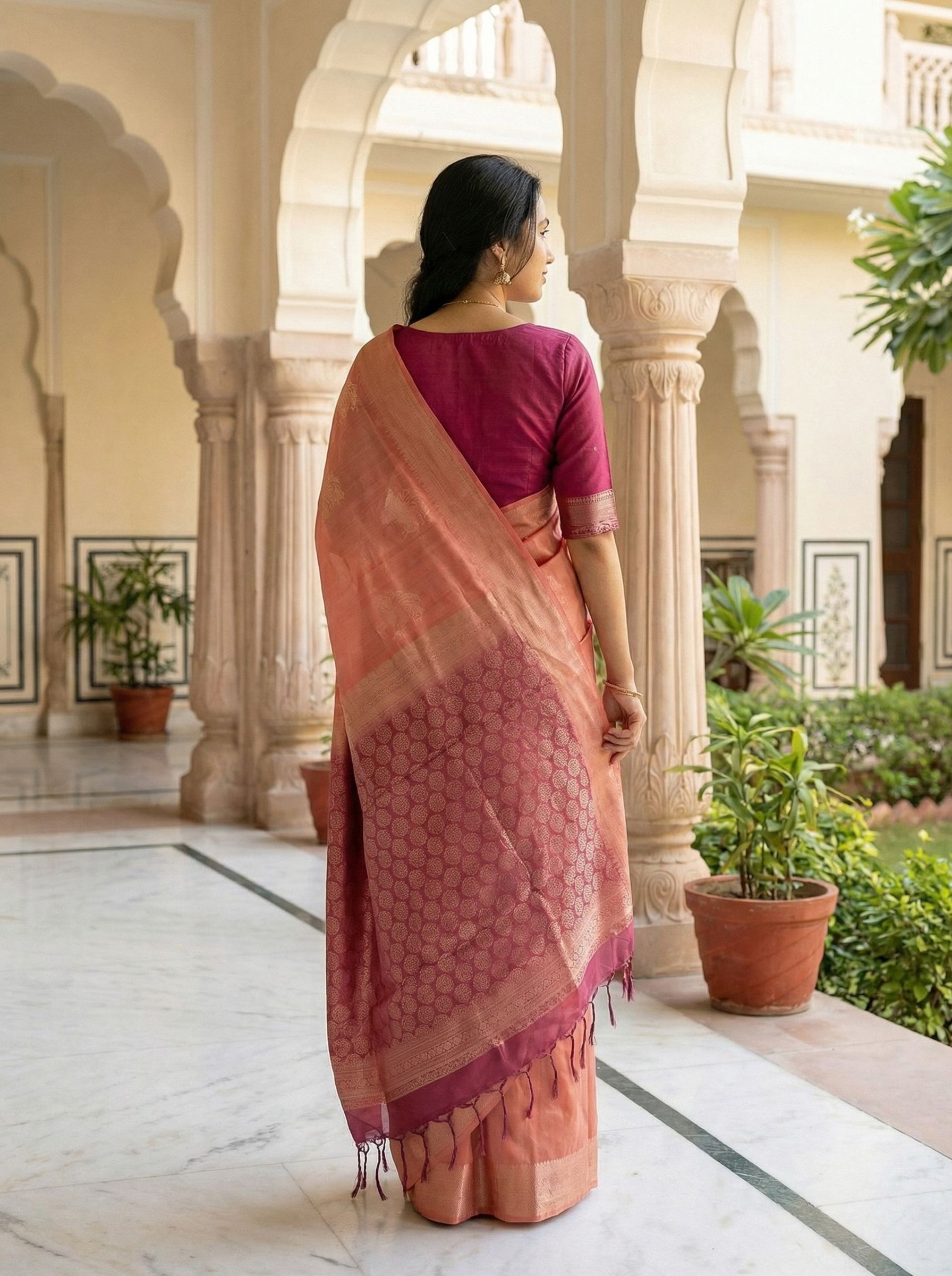 Semi Silk Peach Pink Saree with Contrast Magenta Pallu