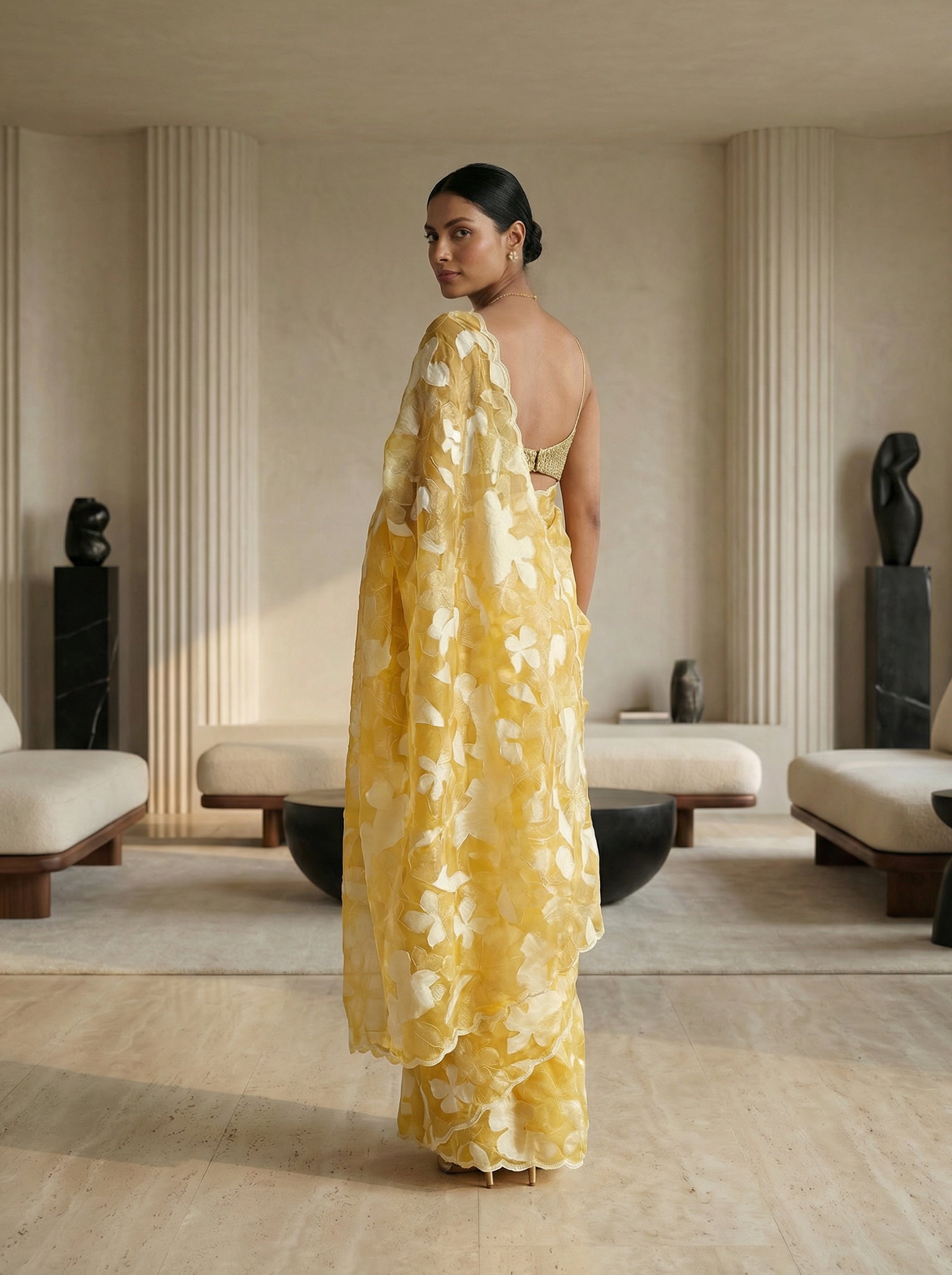 Organza Yellow Floral Motif Designer Saree