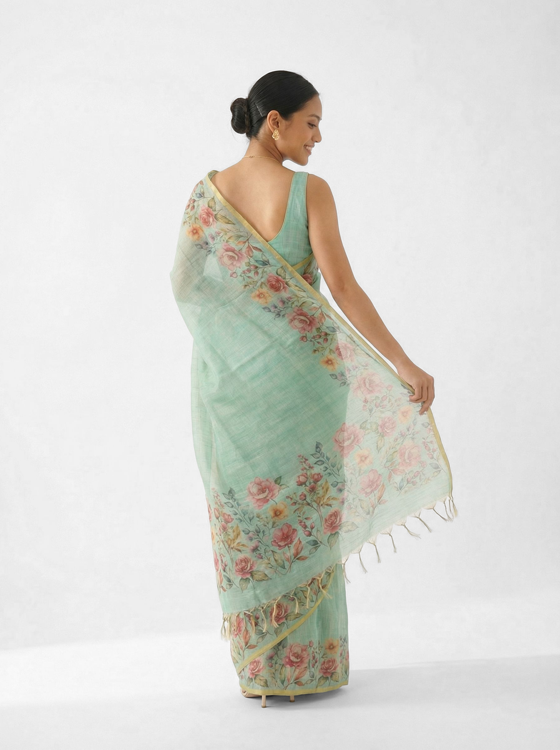 Linen Mint Green Floral Print Saree