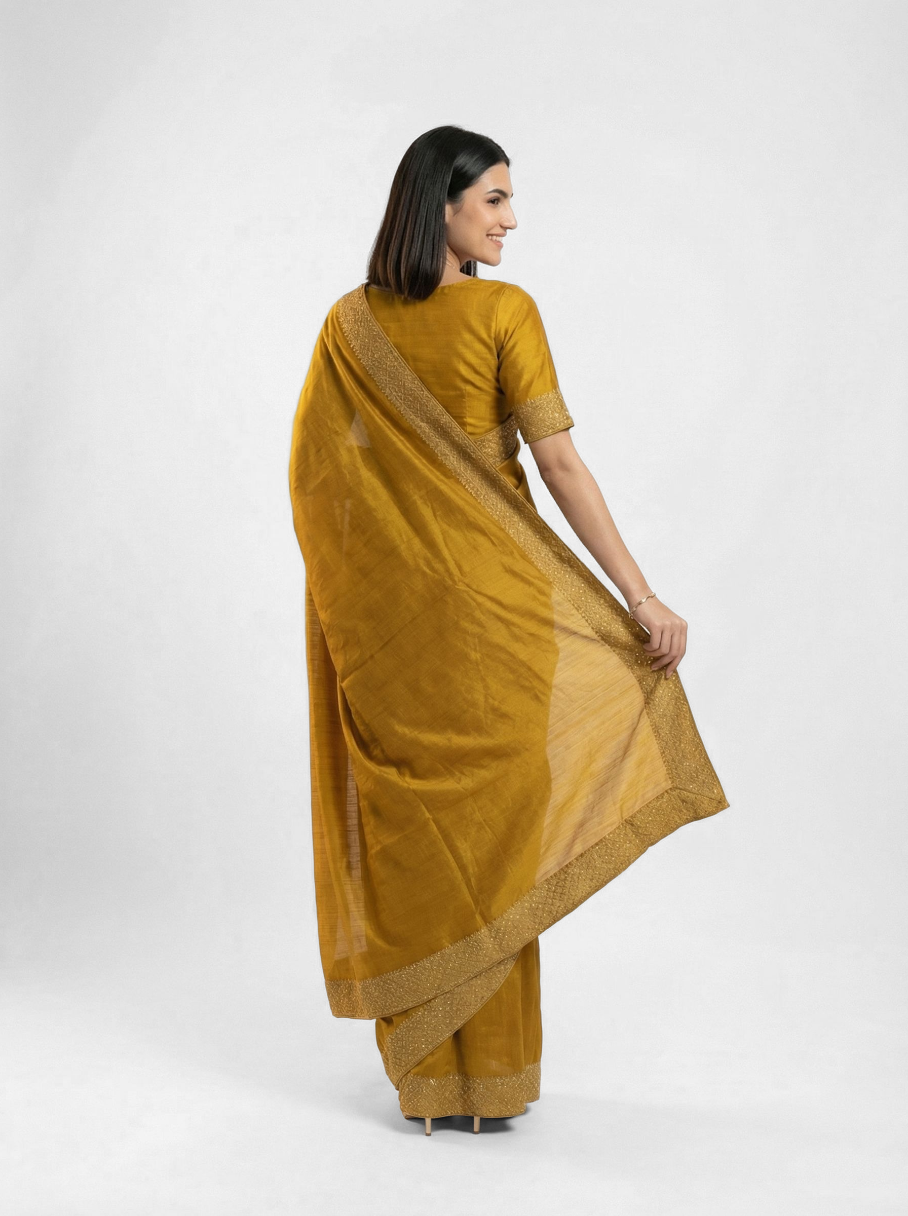 Vijithra Silk Mustard Yellow  Zari Scalloped Border Designer Saree