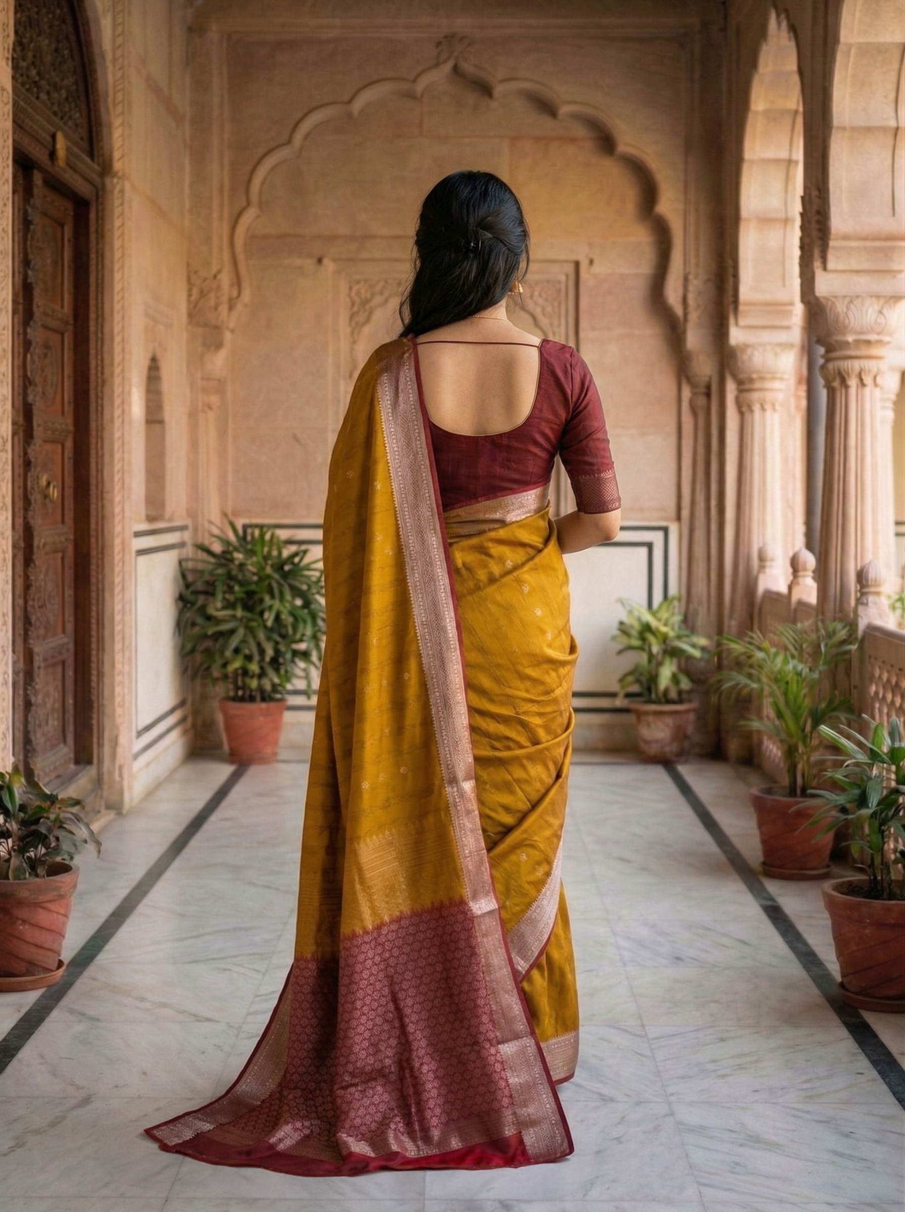 Semi Silk Mustard Ochre Self-Design Saree with Maroon Border