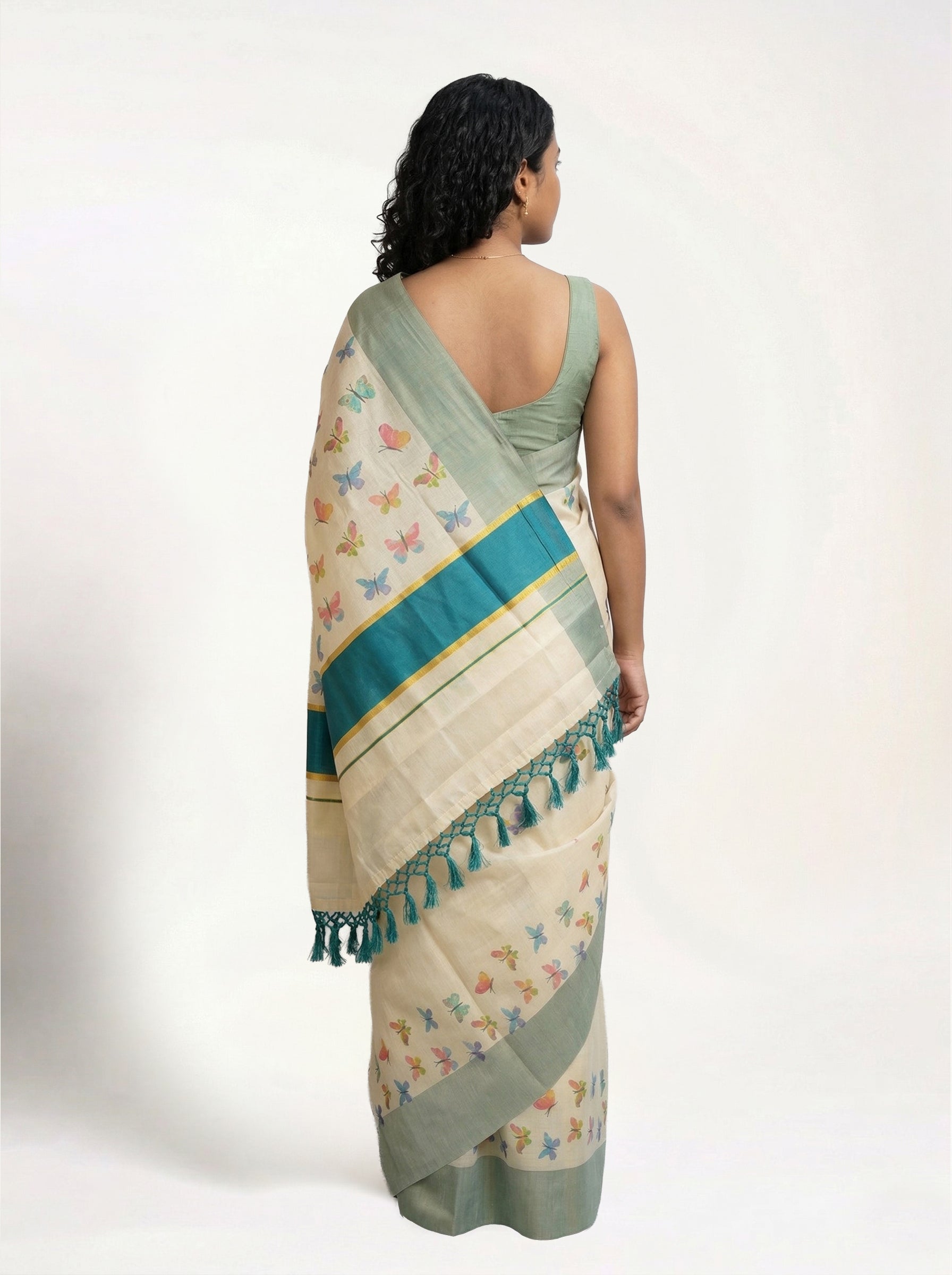 Cotton Cream Saree with Multicolor Butterfly Prints, Sage Green Border and Tassel Pallu