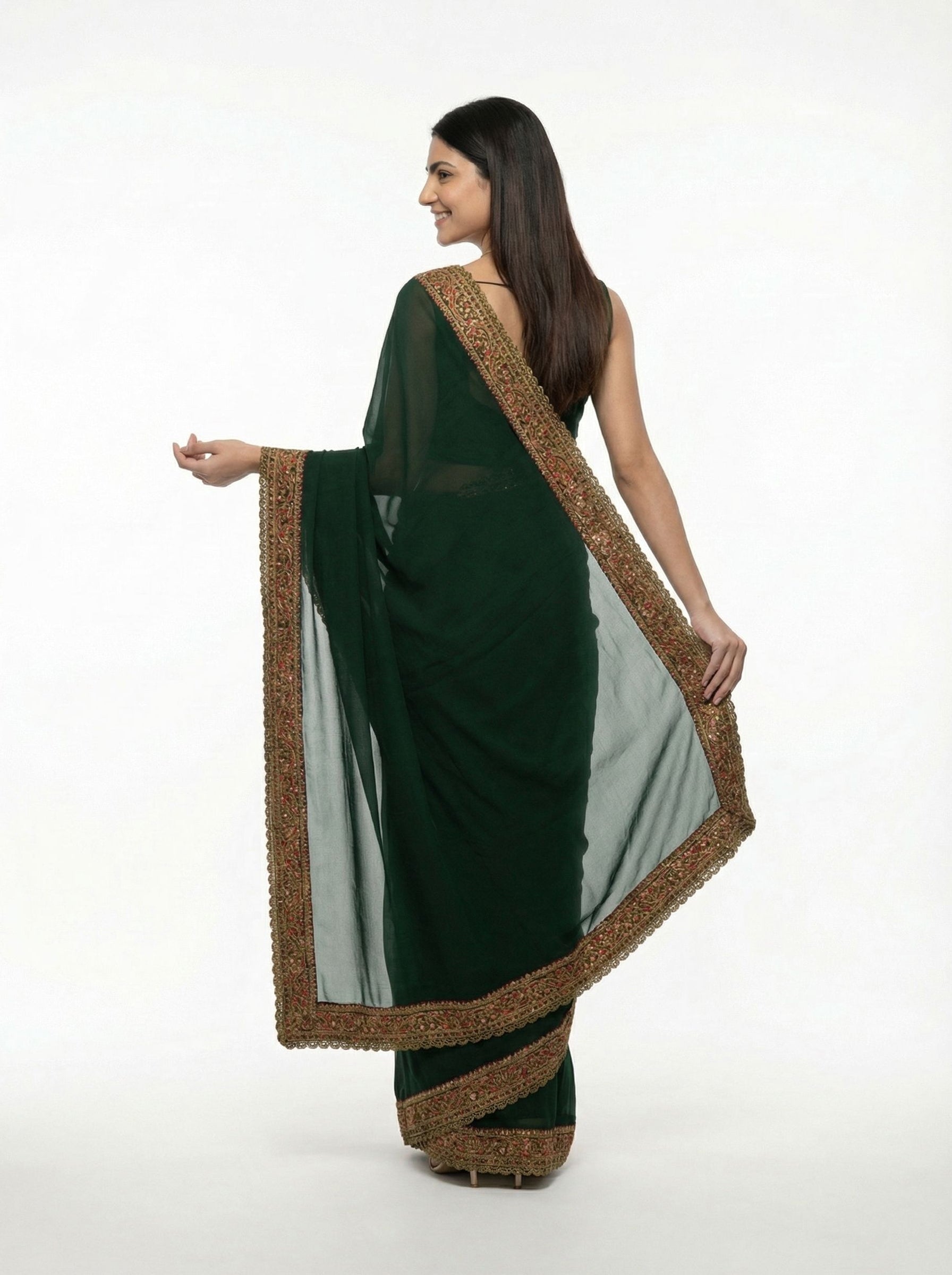 Georgette Bottle Green Embroidered Border Designer Saree