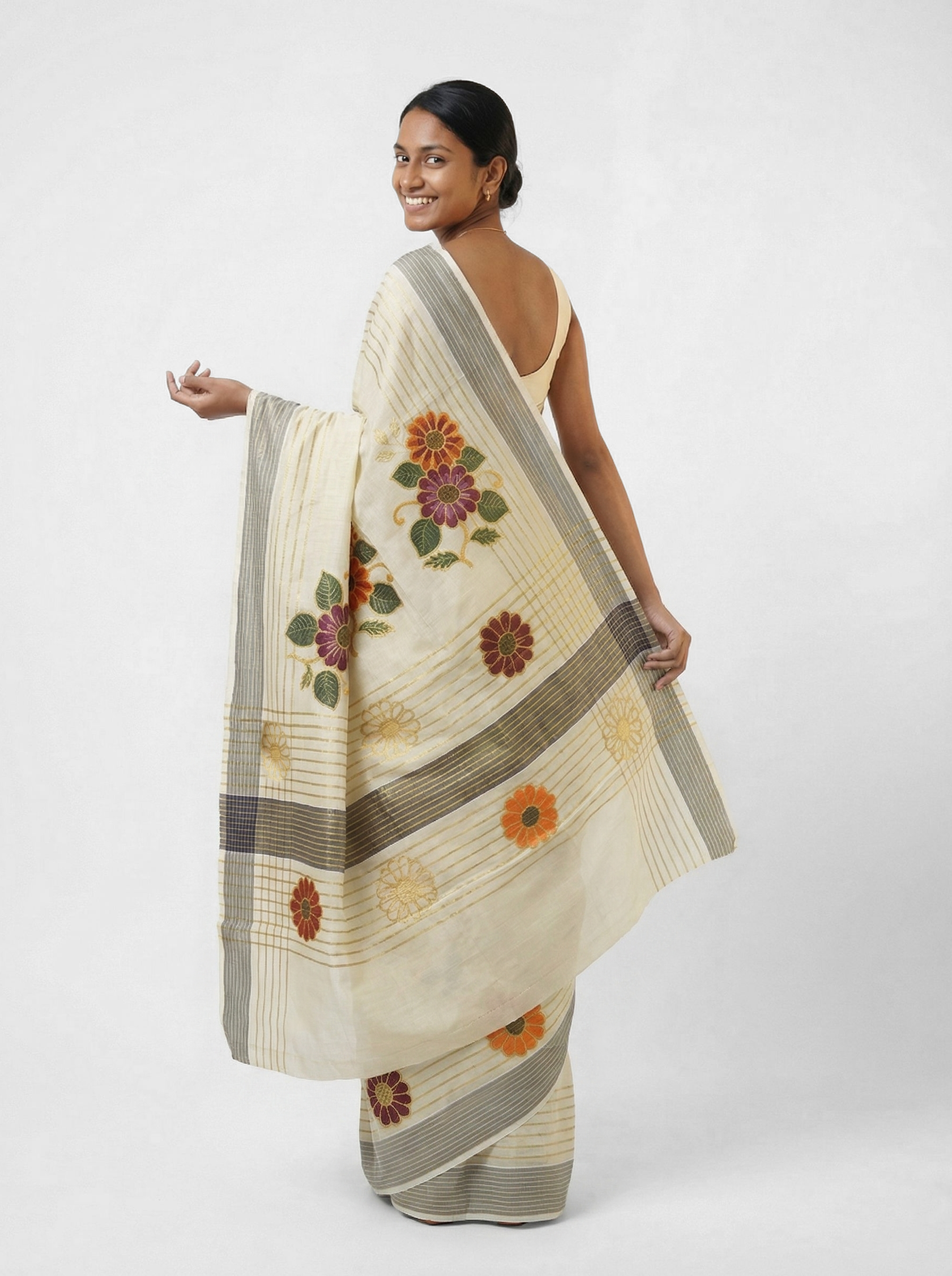 Cotton Cream Saree with Multicolor Floral Prints, Grey Striped Border and Designer Pallu