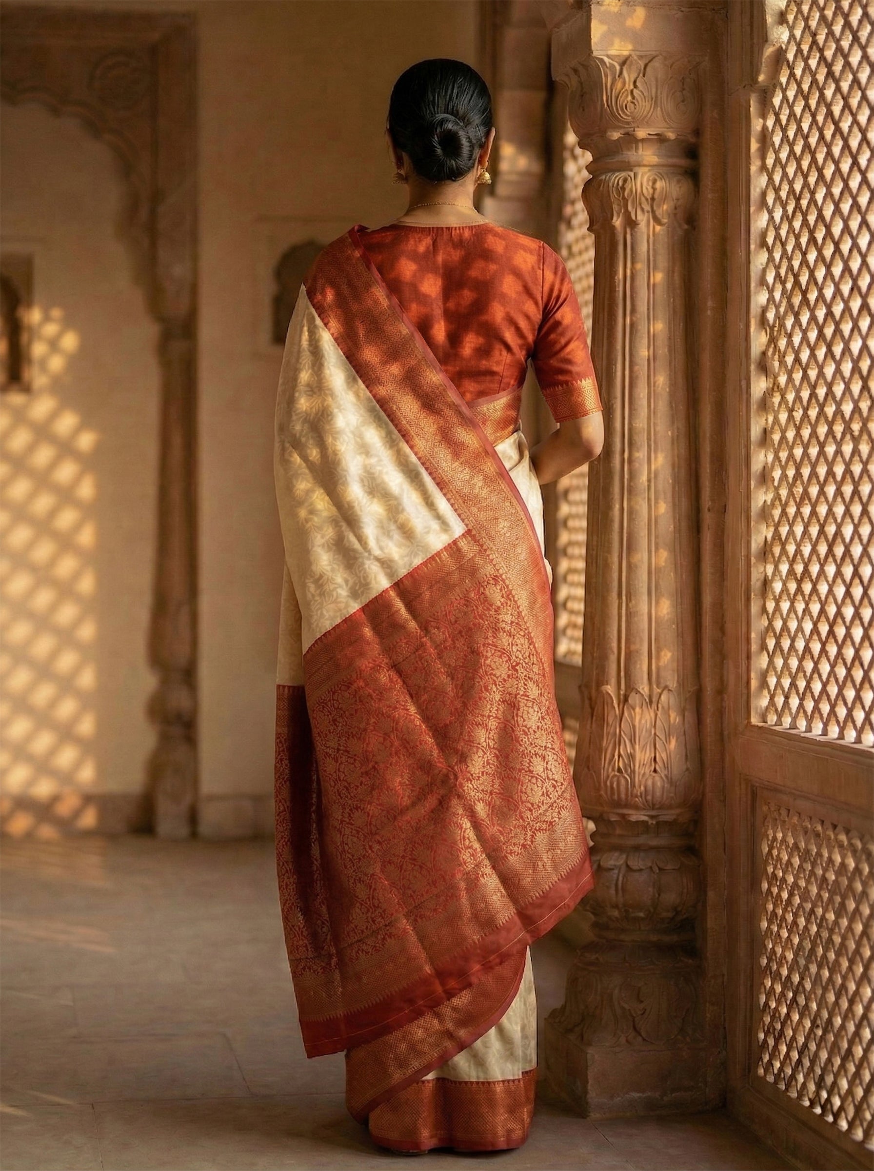 Semi Silk Off White Self-Design Saree with Red Border