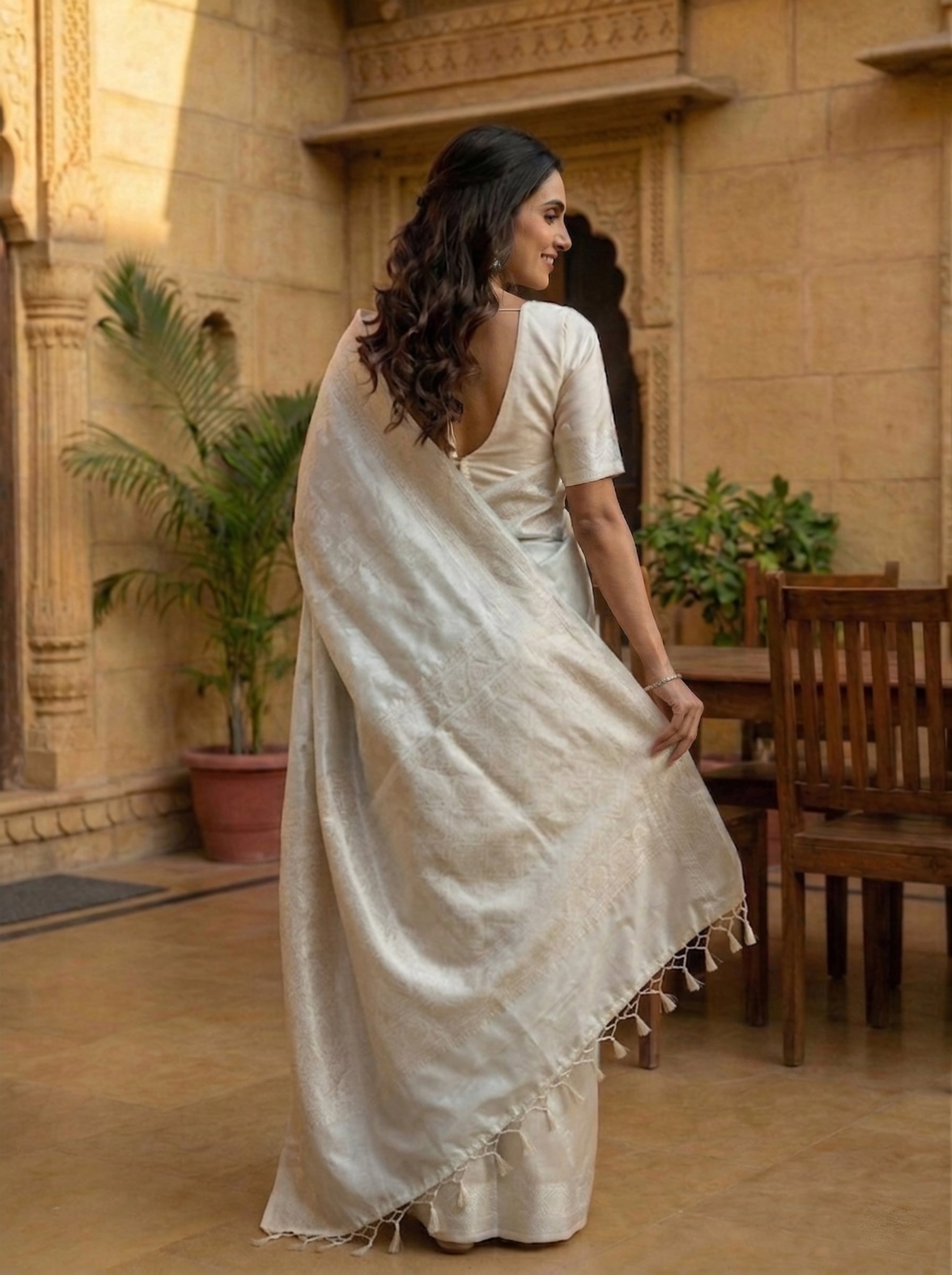 Semi Silk Off White Self-Design Brocade Saree
