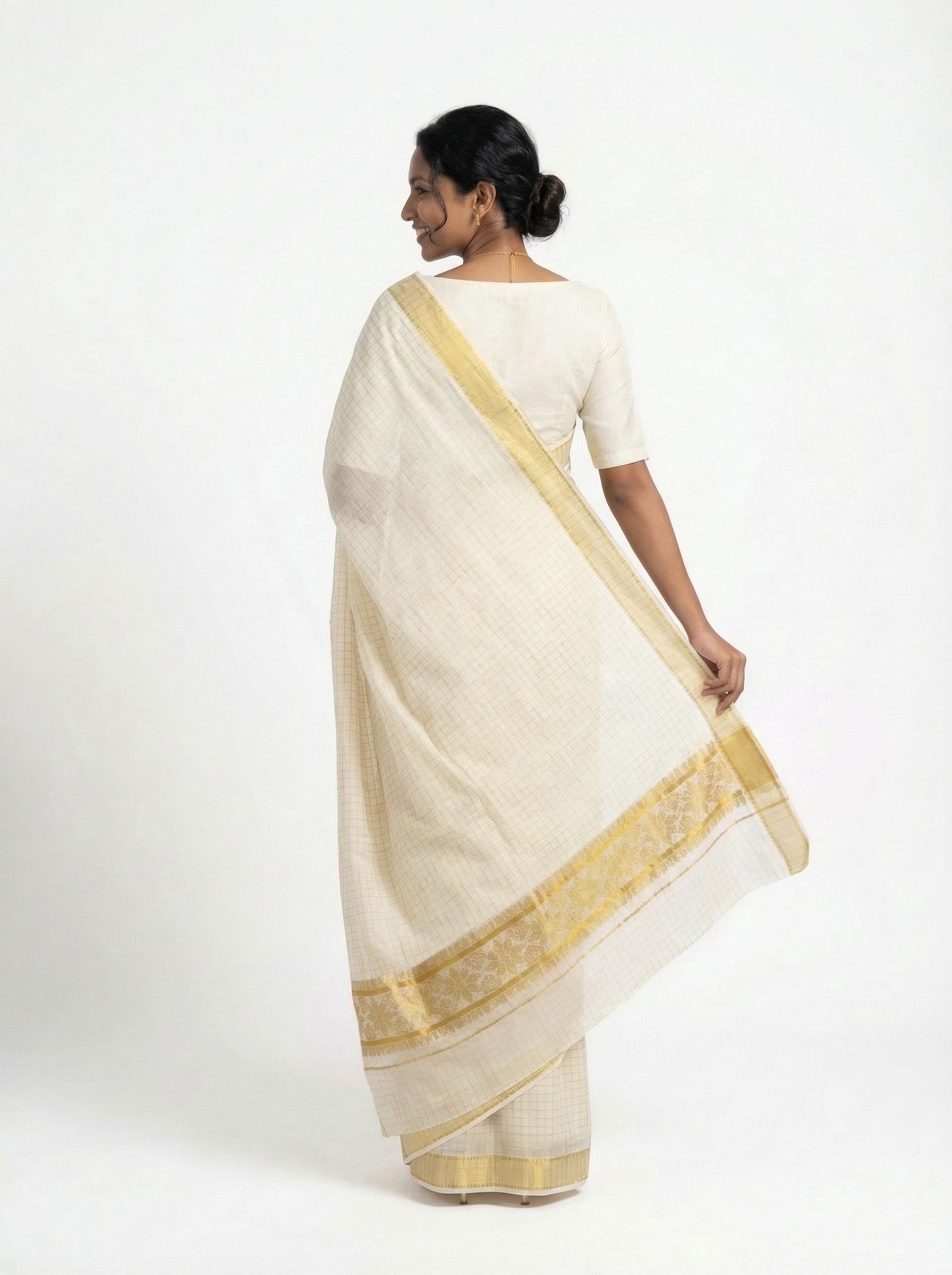 Cotton Cream Saree with Yellow Checked Pattern  Set Saree