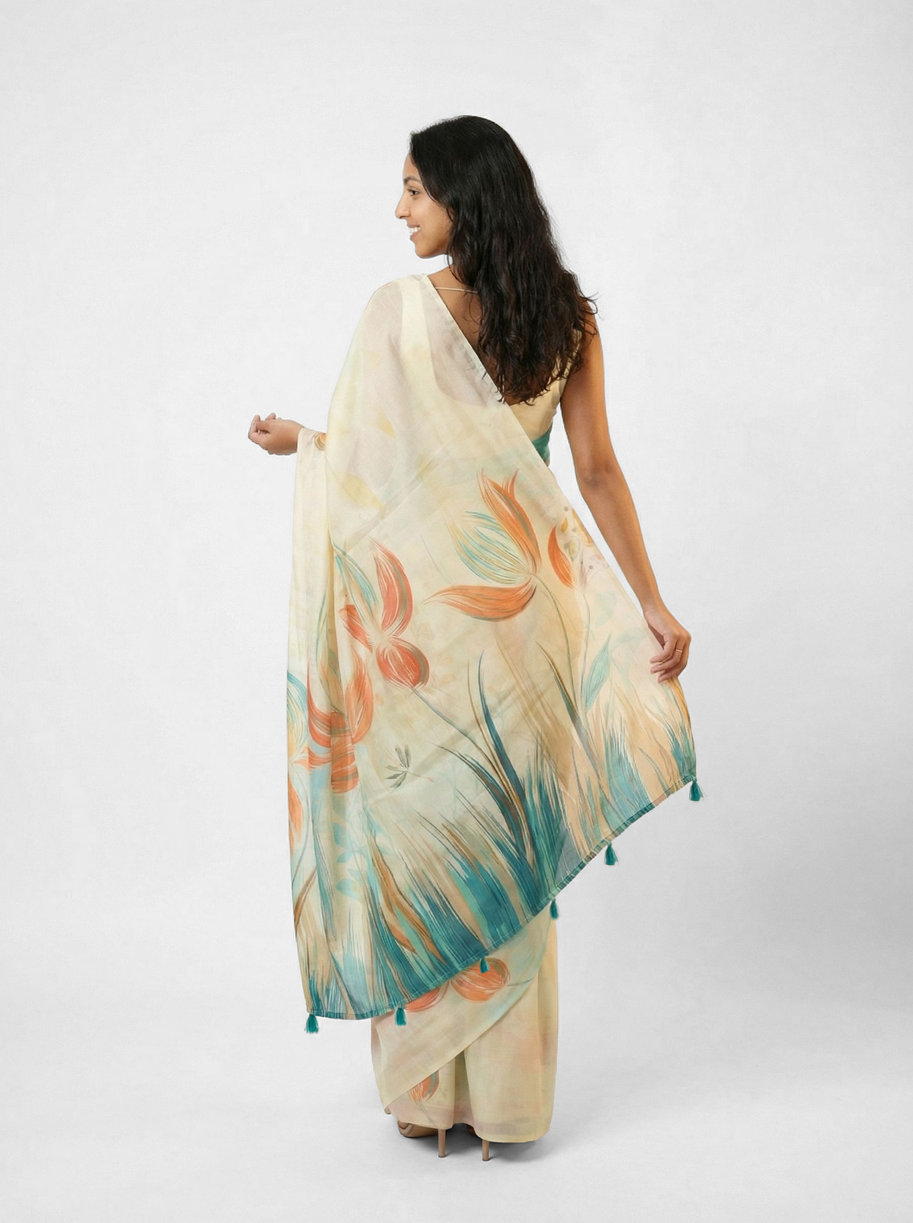 Organza Cream Floral Digital Print Saree
