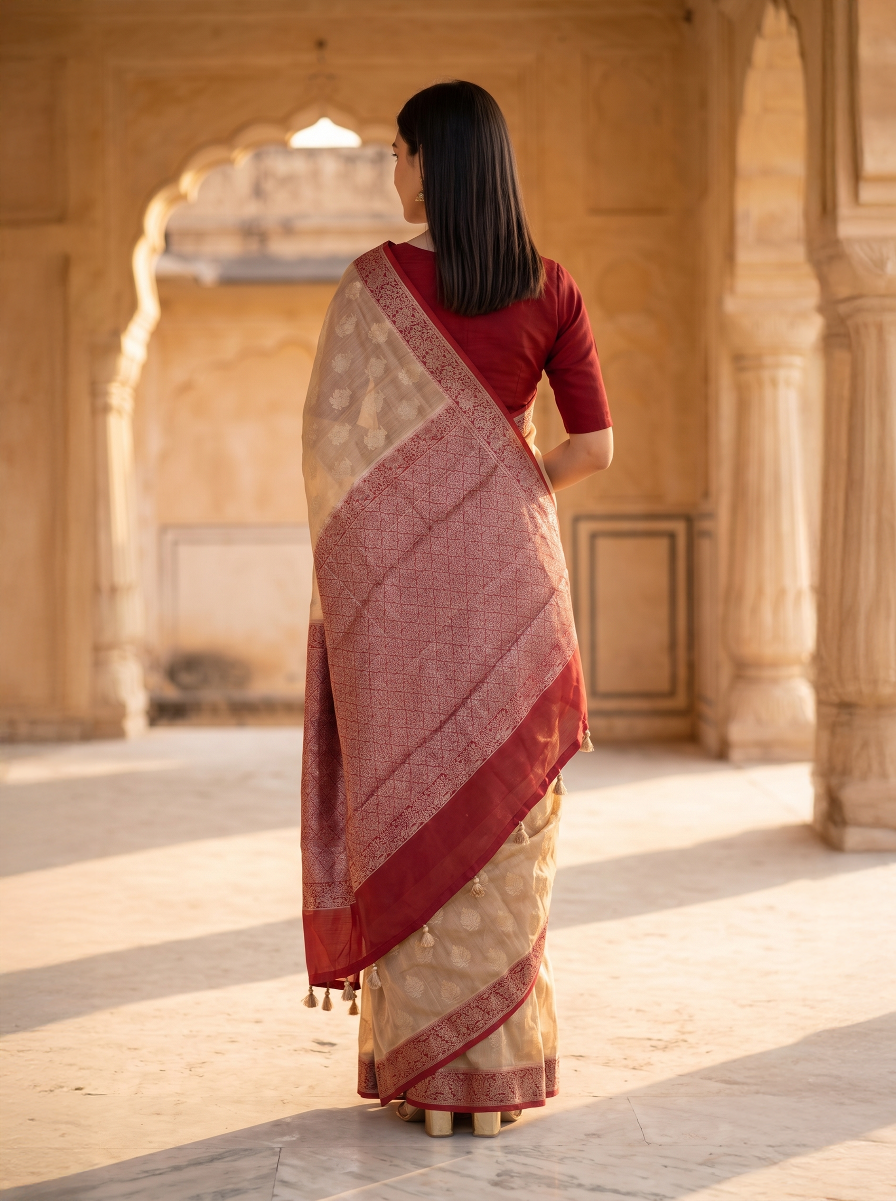 Semi Tussar Beige Red Zari Butta Saree