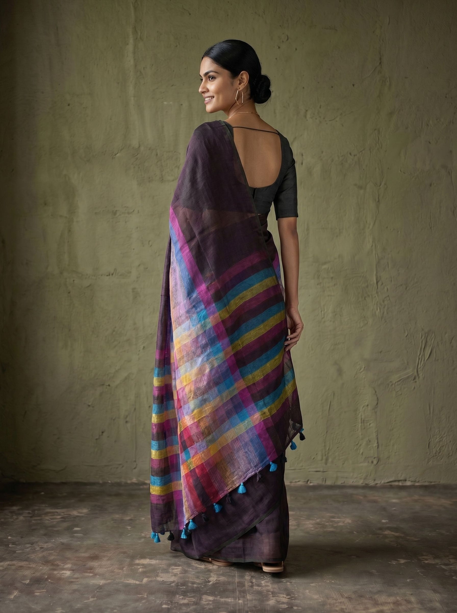 Semi Linen Dark Plum Multicolour Horizontal Stripe Pallu Saree with Blue Tassel Fringe