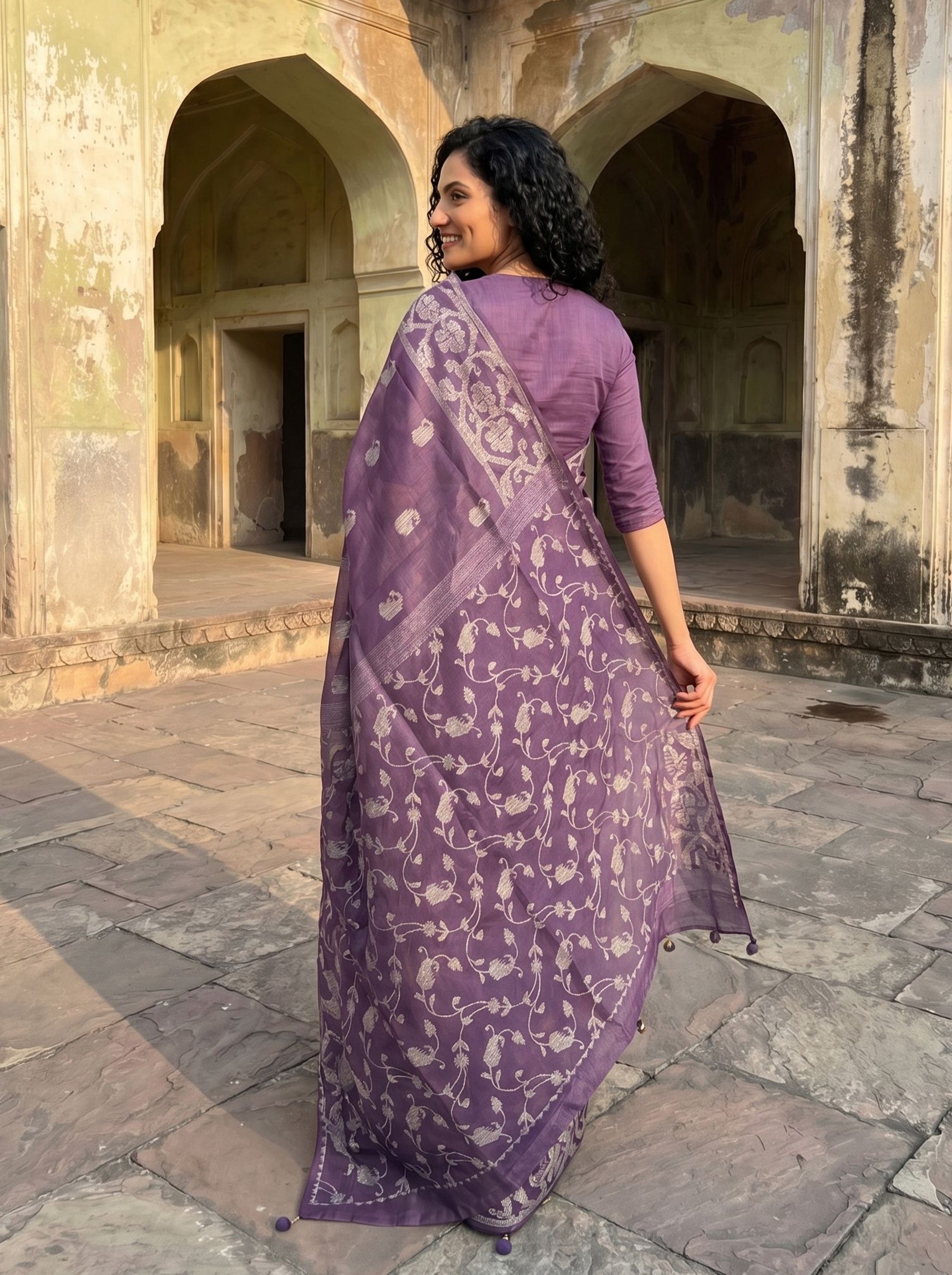 Semi Tussar Dark Purple Saree with Floral Paisley Print Border