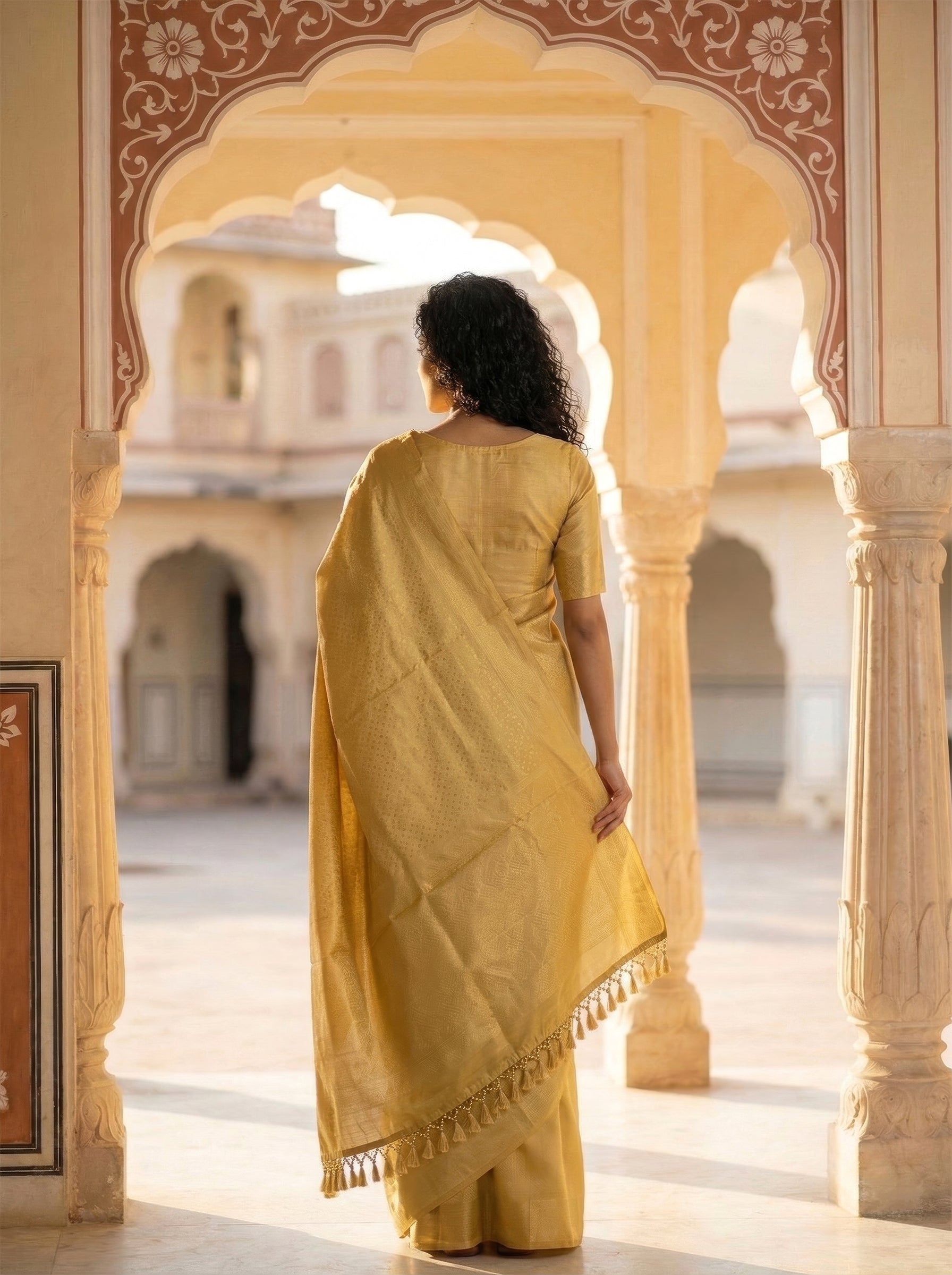 Semi Silk Golden Geometric Woven Saree