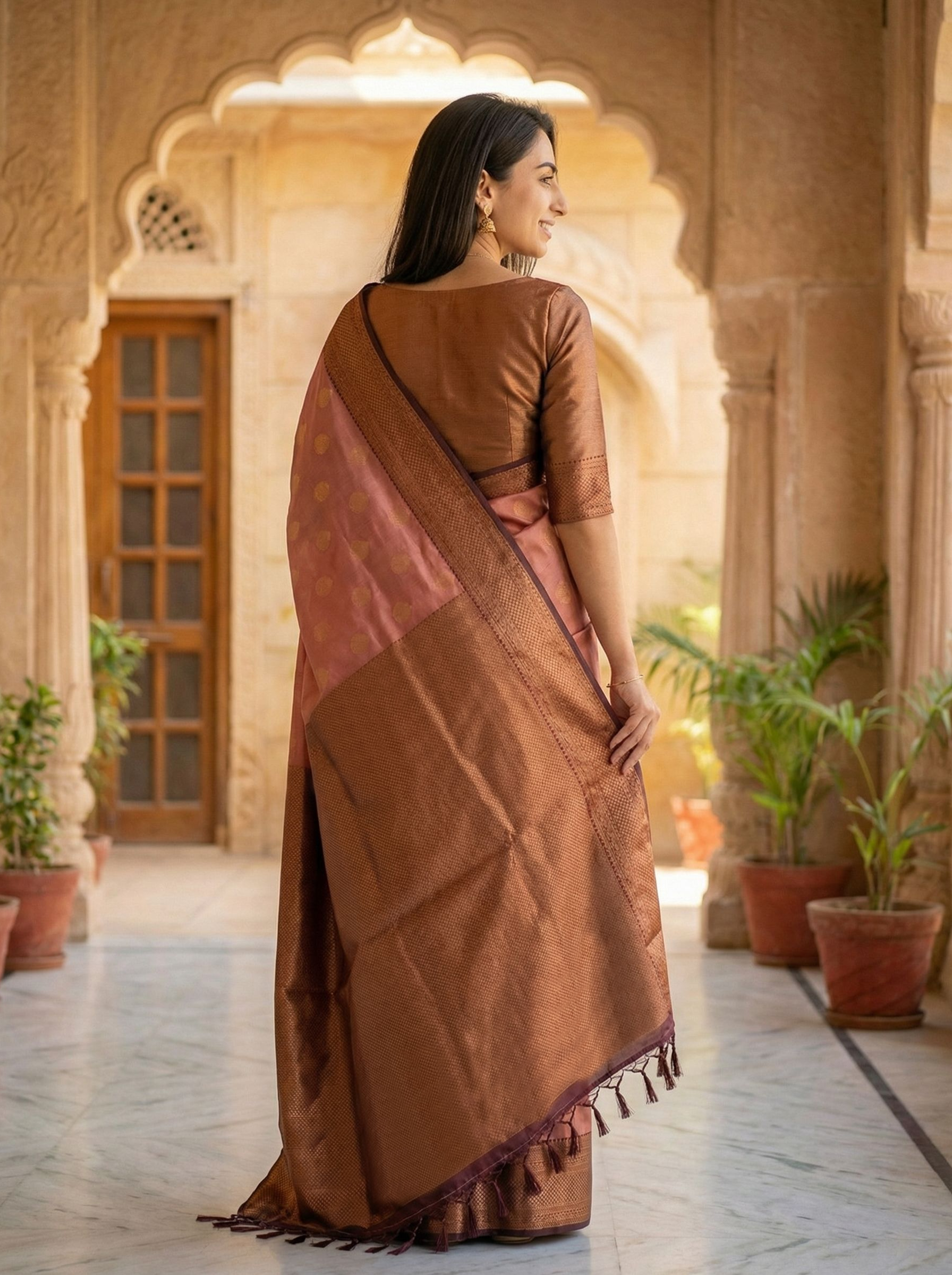 Semi Silk Elegant Dusty Rose  Saree with Antique Copper Border