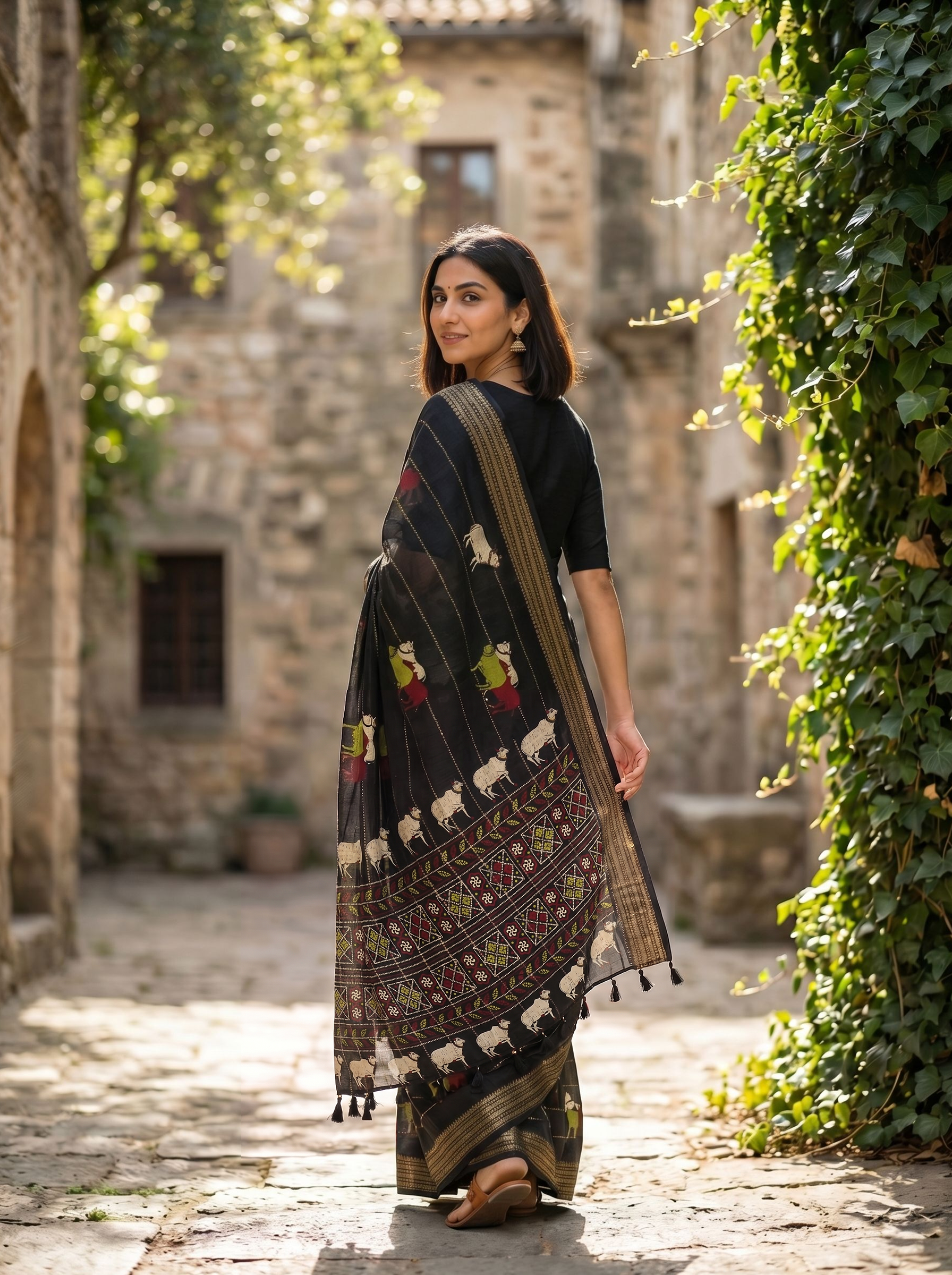 Semi Tussar Black Tribal Animal Print Saree