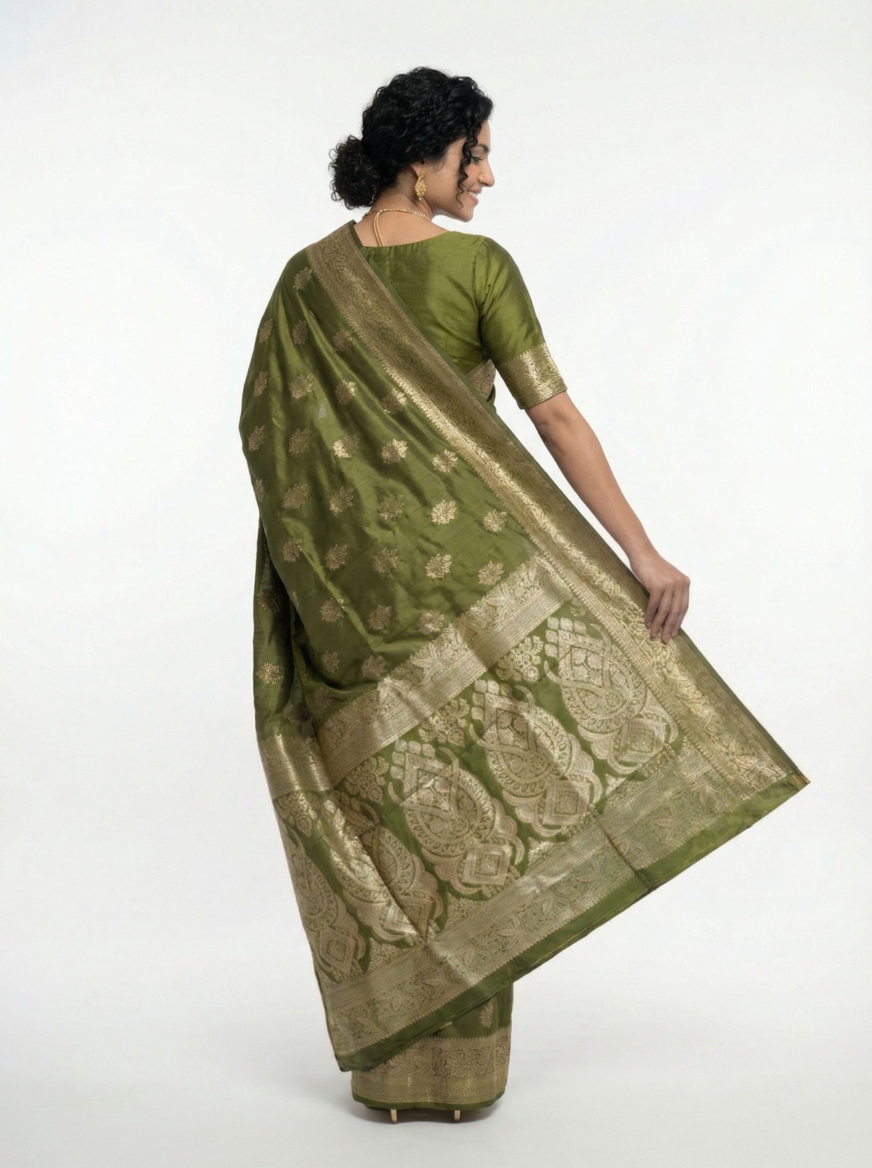 Art Silk Olive Green Zari Woven Saree with Floral Butta
