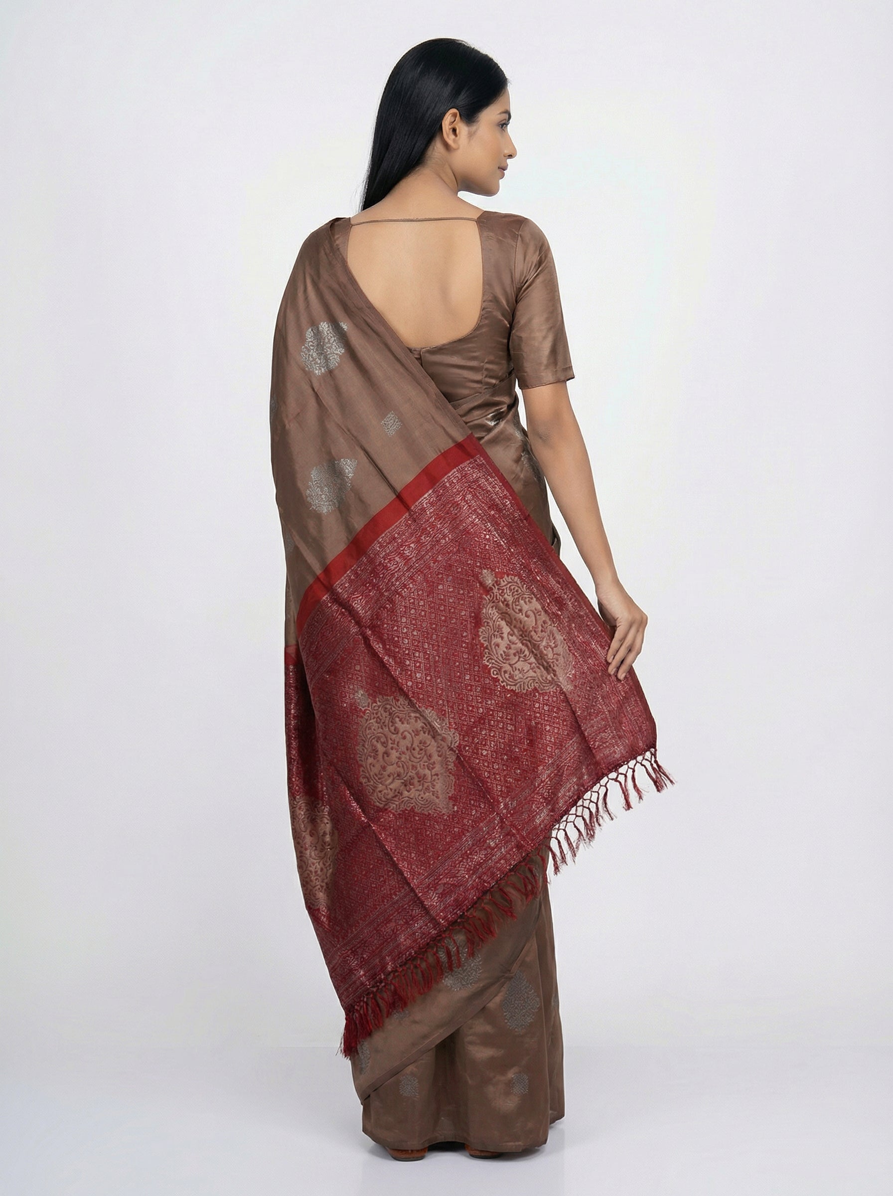 Semi Silk Ivory Brown Saree with Alternative Square and Floral Butta Design & Maroon Blouse
