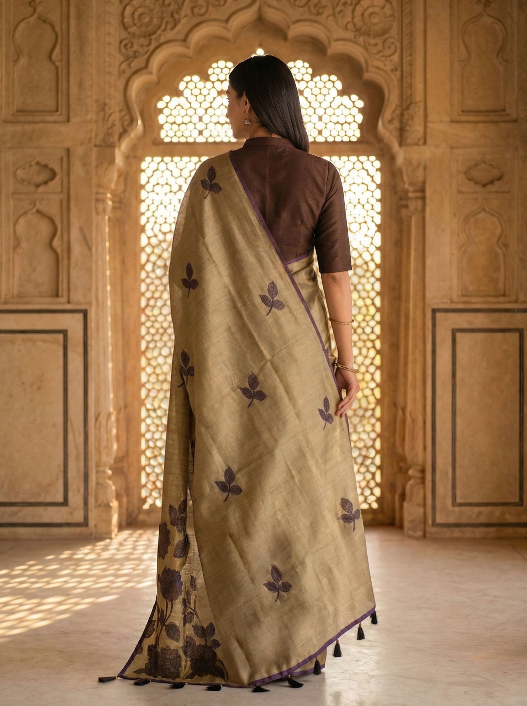 Semi Silk Antique Gold with Coffee Brown Floral Design