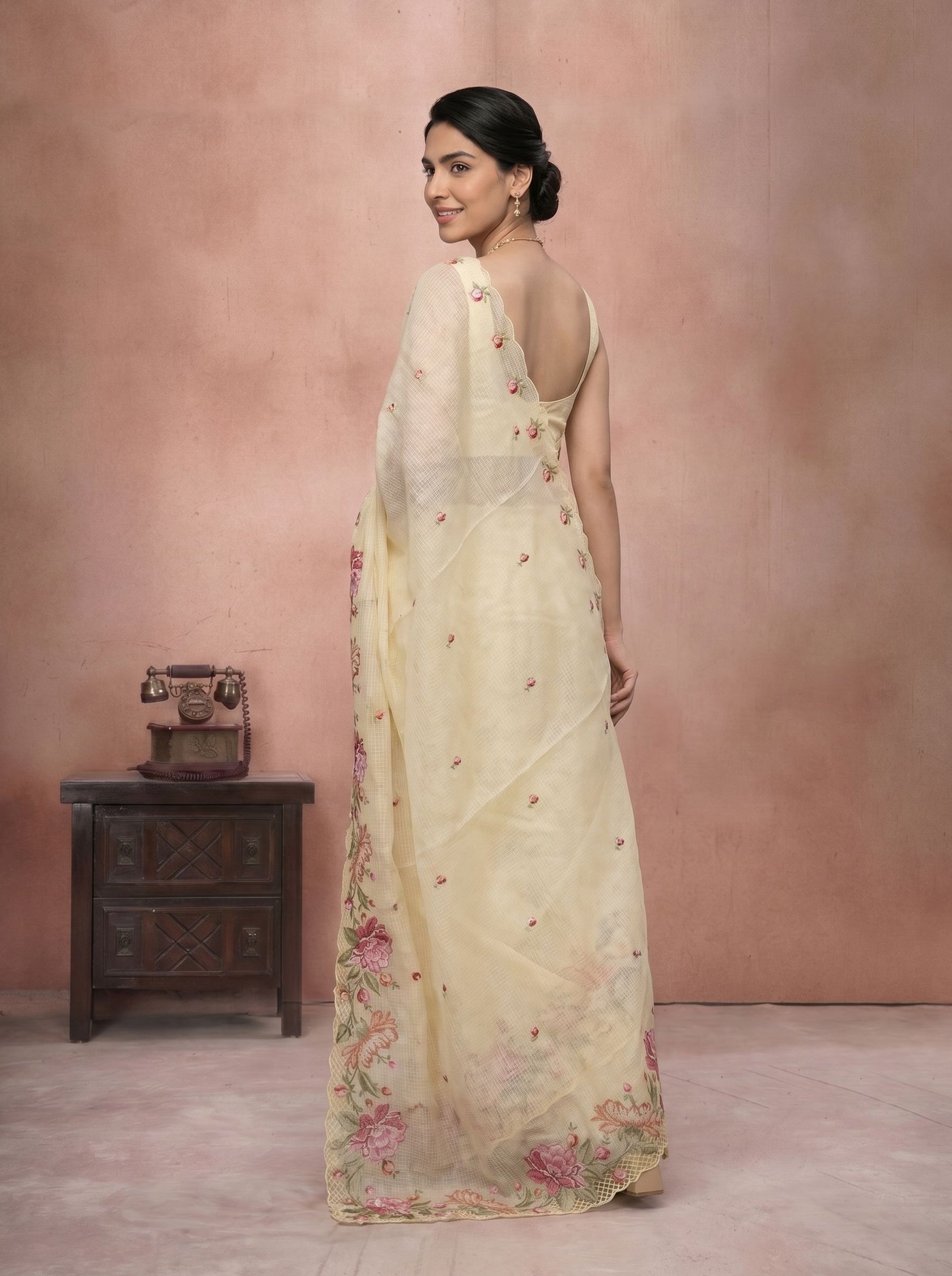 Net Cotta Cream Saree with Pink Floral Embroidered Border and Scattered Floral Motifs