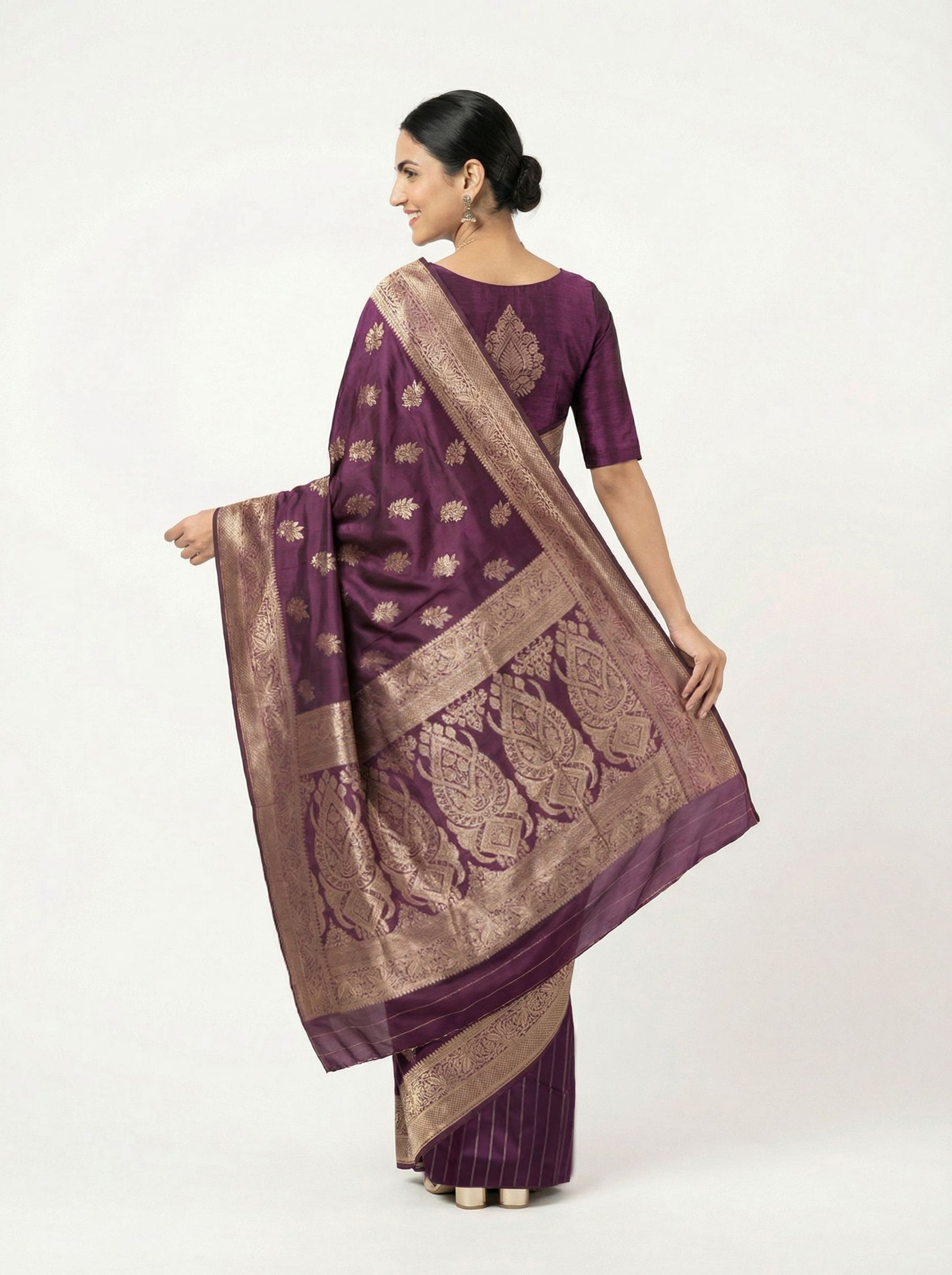 Art Silk Deep Purple Zari Woven Saree with Floral Butta