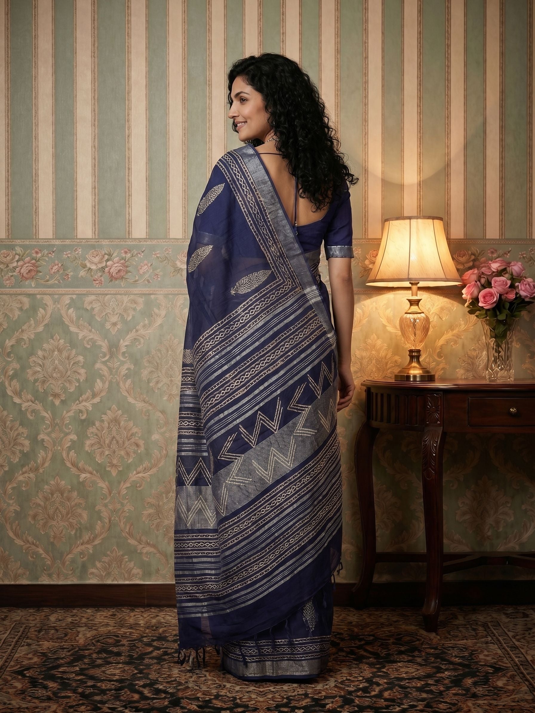 Linen Indigo Blue Block Printed Saree with Zari Border