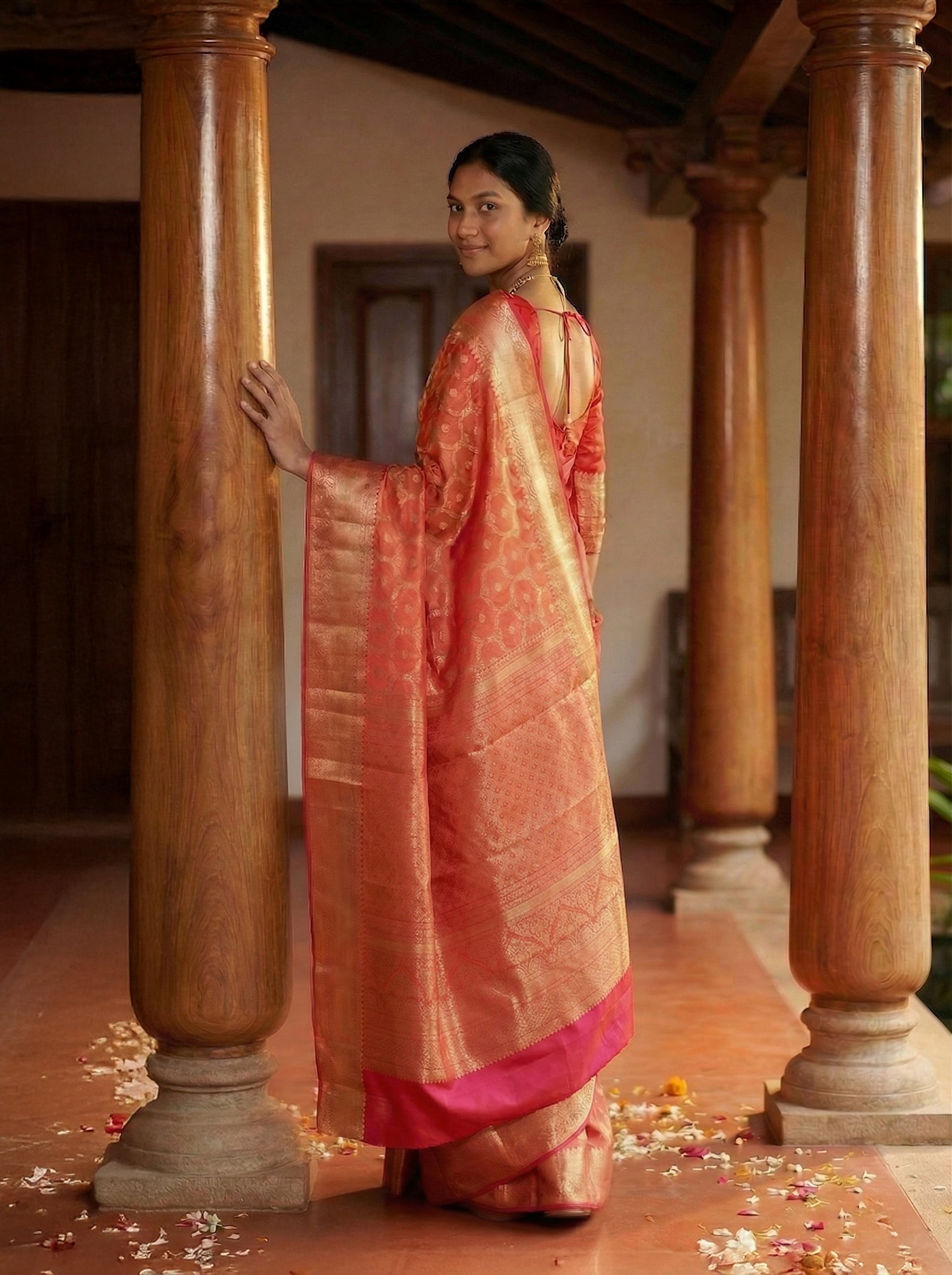 Kanjivaram Pure silk Coral Pink and Matte Gold Brocade Pattern Wedding Saree