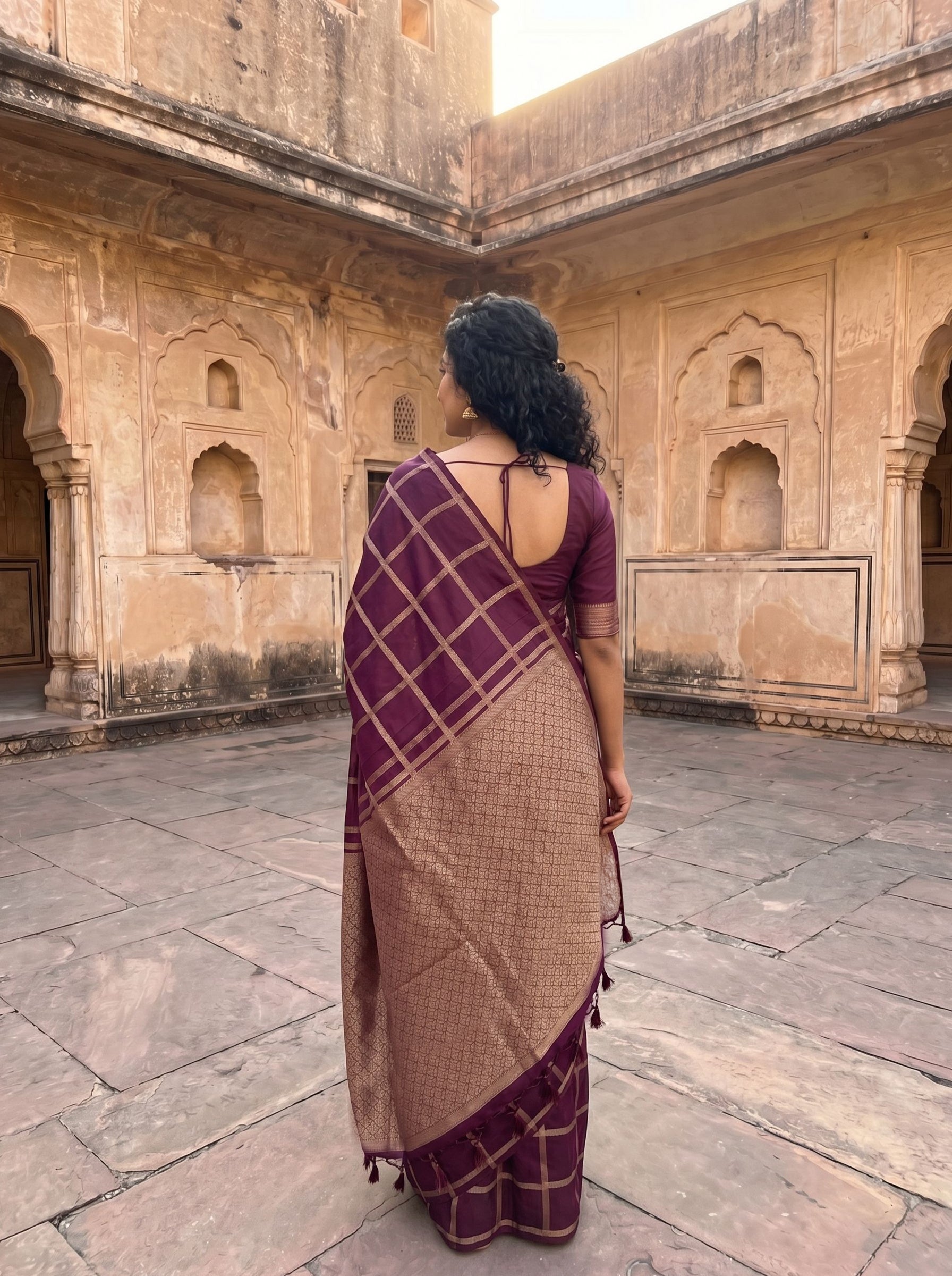Semi Tussar Wine Checks Pattern Saree with Zari Border