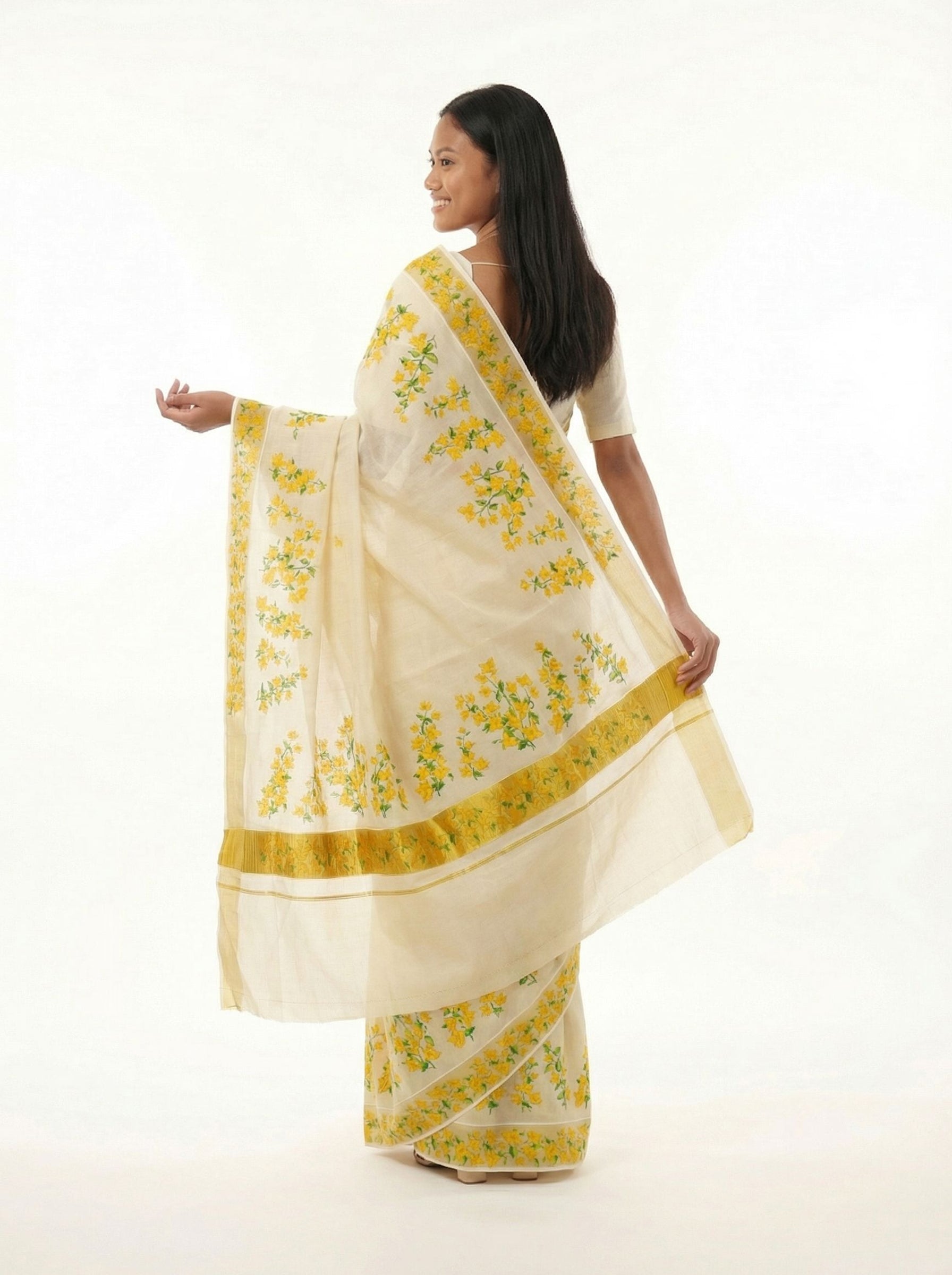 Cotton Kasavu Saree Cream & Gold  Yellow Floral Digital Print Traditional Saree with Gold Zari Border