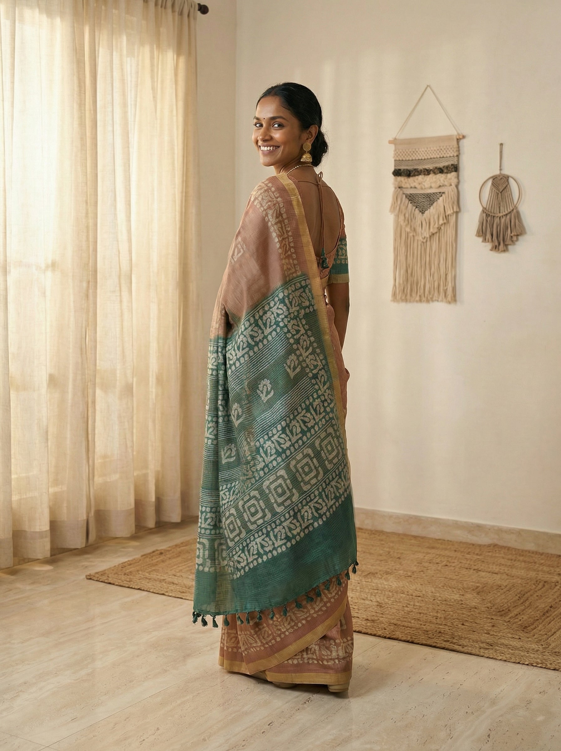 Synthetic Brown Saree with Geometric Butta Design