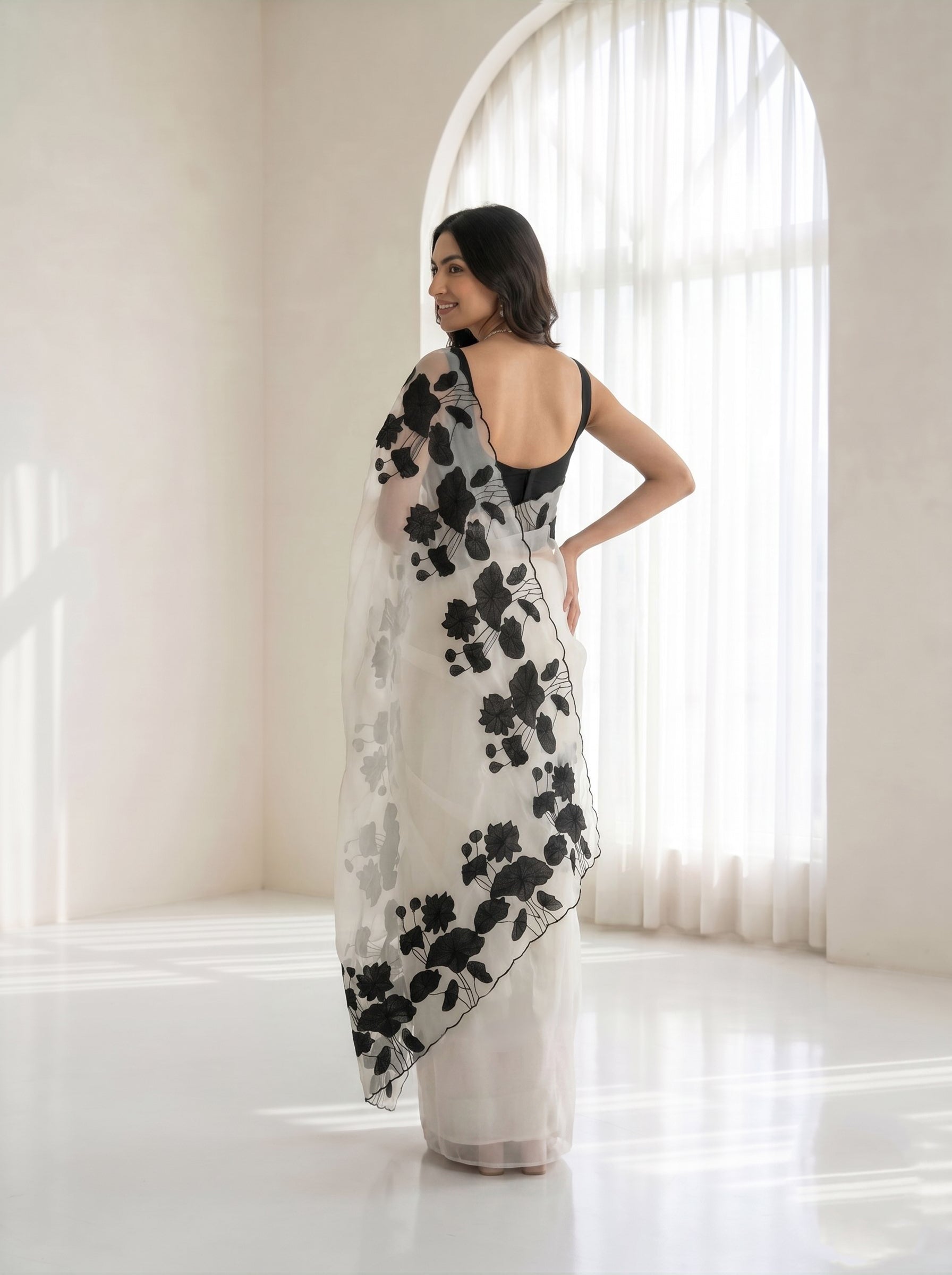 Organza Silk Off-White & Black Lotus Floral Applique Saree with Scalloped Border