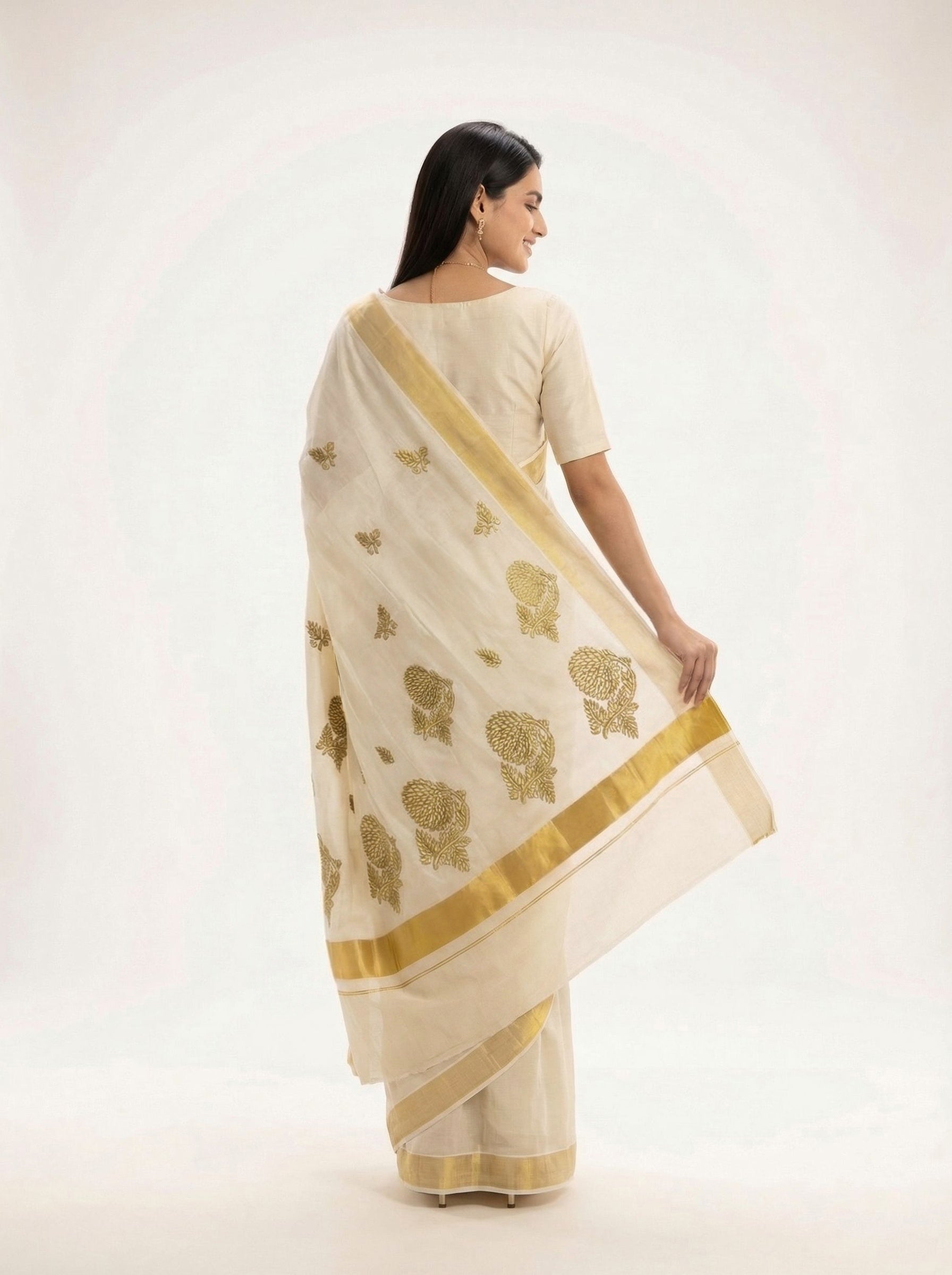 Cotton Cream Floral Butta Pattern Set Saree with Kasavu Border
