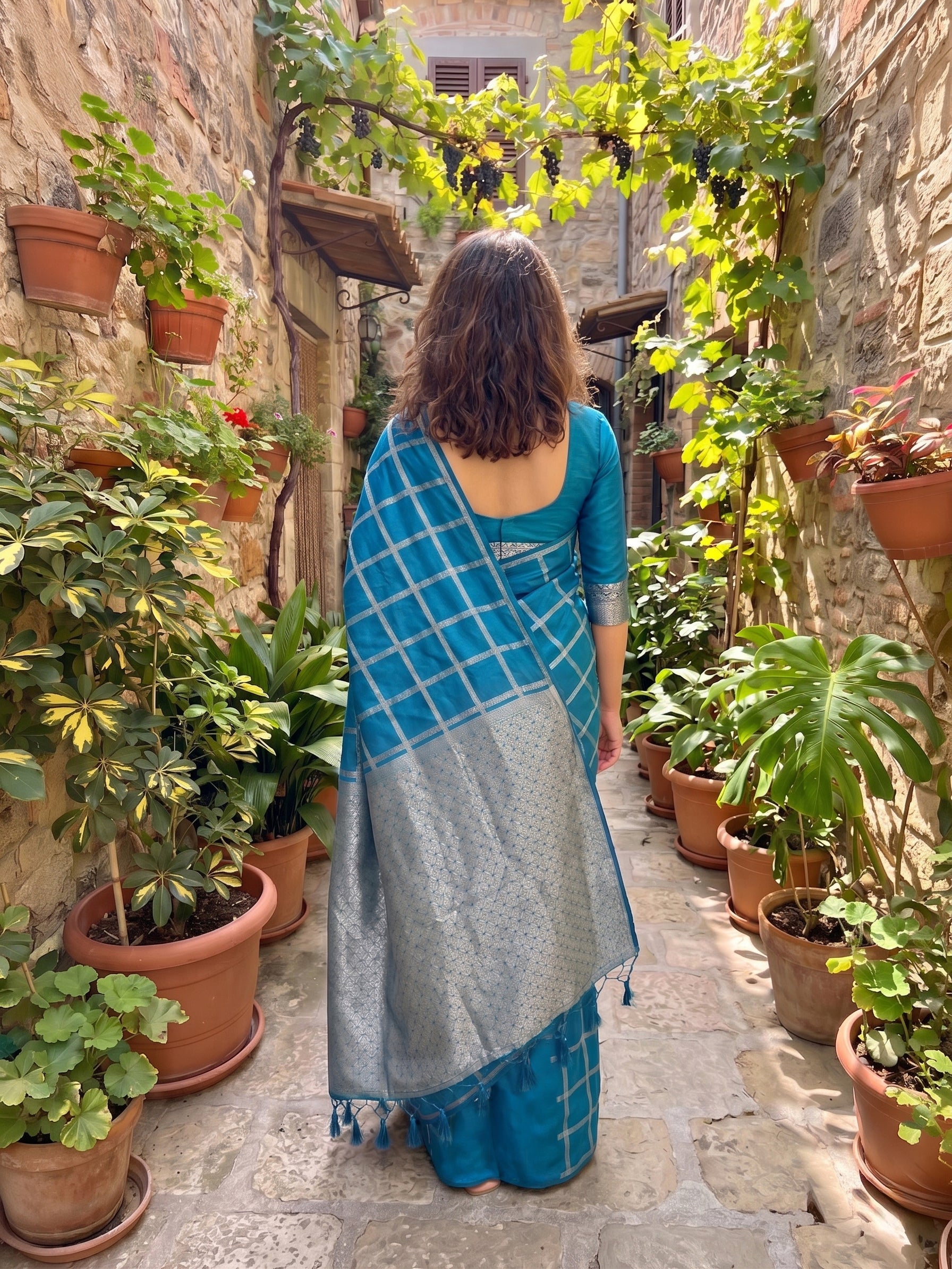 Semi Silk Peacock Blue Traditional Checked Saree