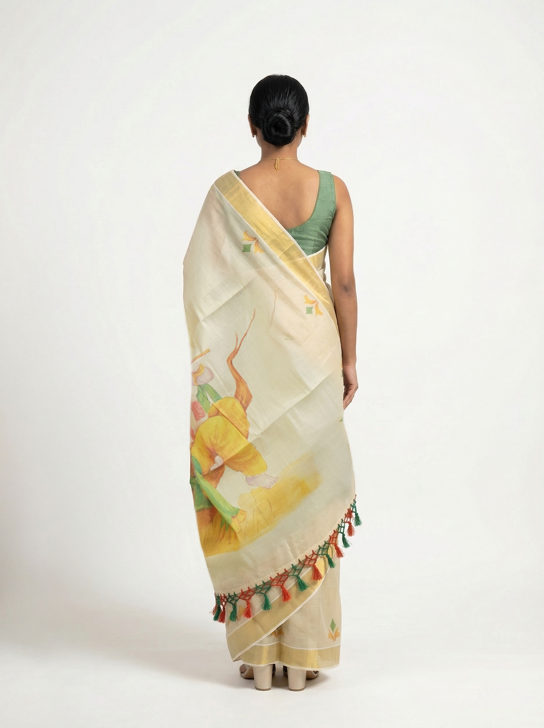 Cotton Cream Saree with Artistic Printed Pallu, Yellow Border and Tassel Detailing