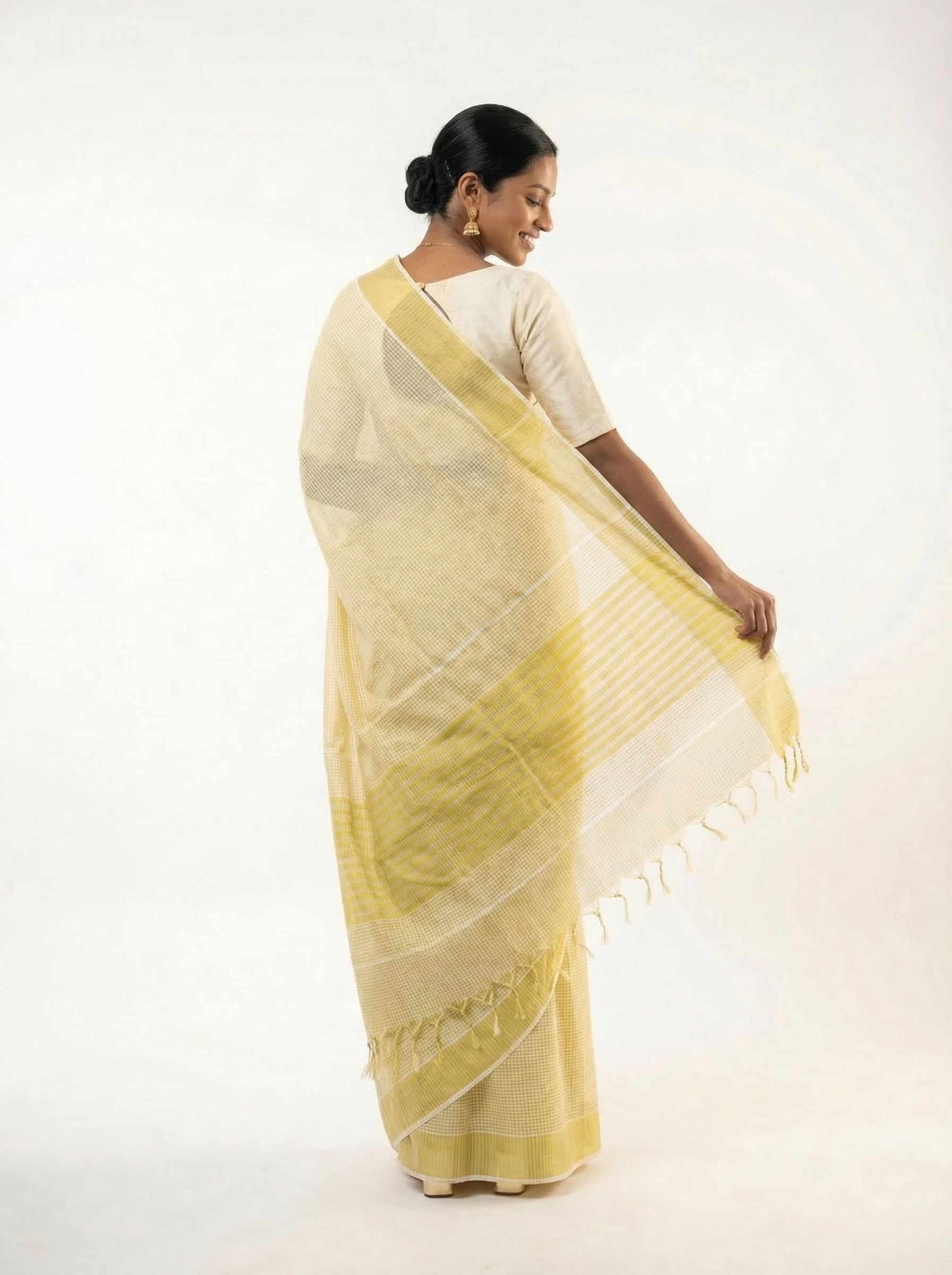 Tissue Cream Checked Pattern Set Saree with Kasavu Border