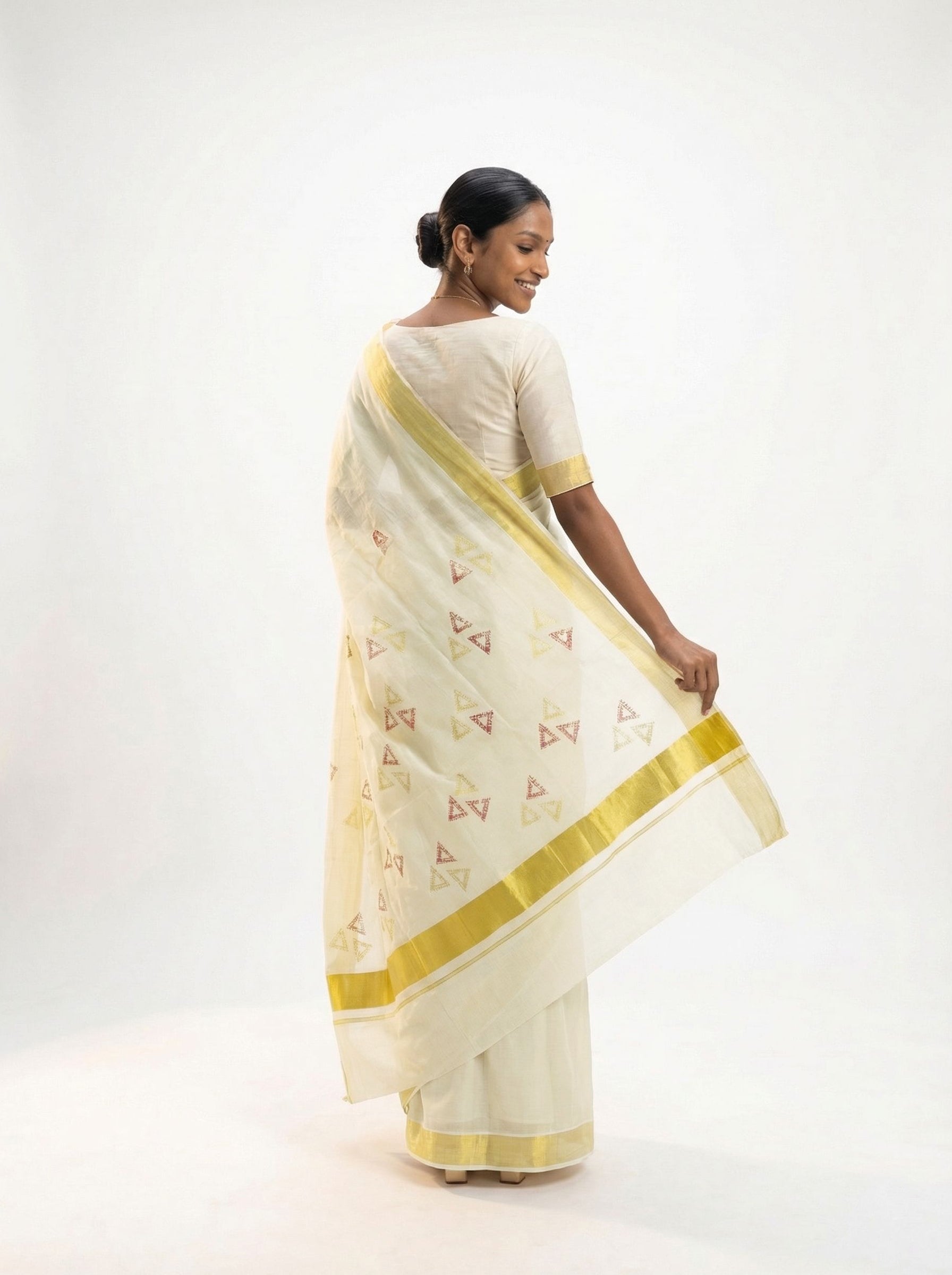 Cotton Cream Saree with Triangle Prints and Golden Border Set Saree