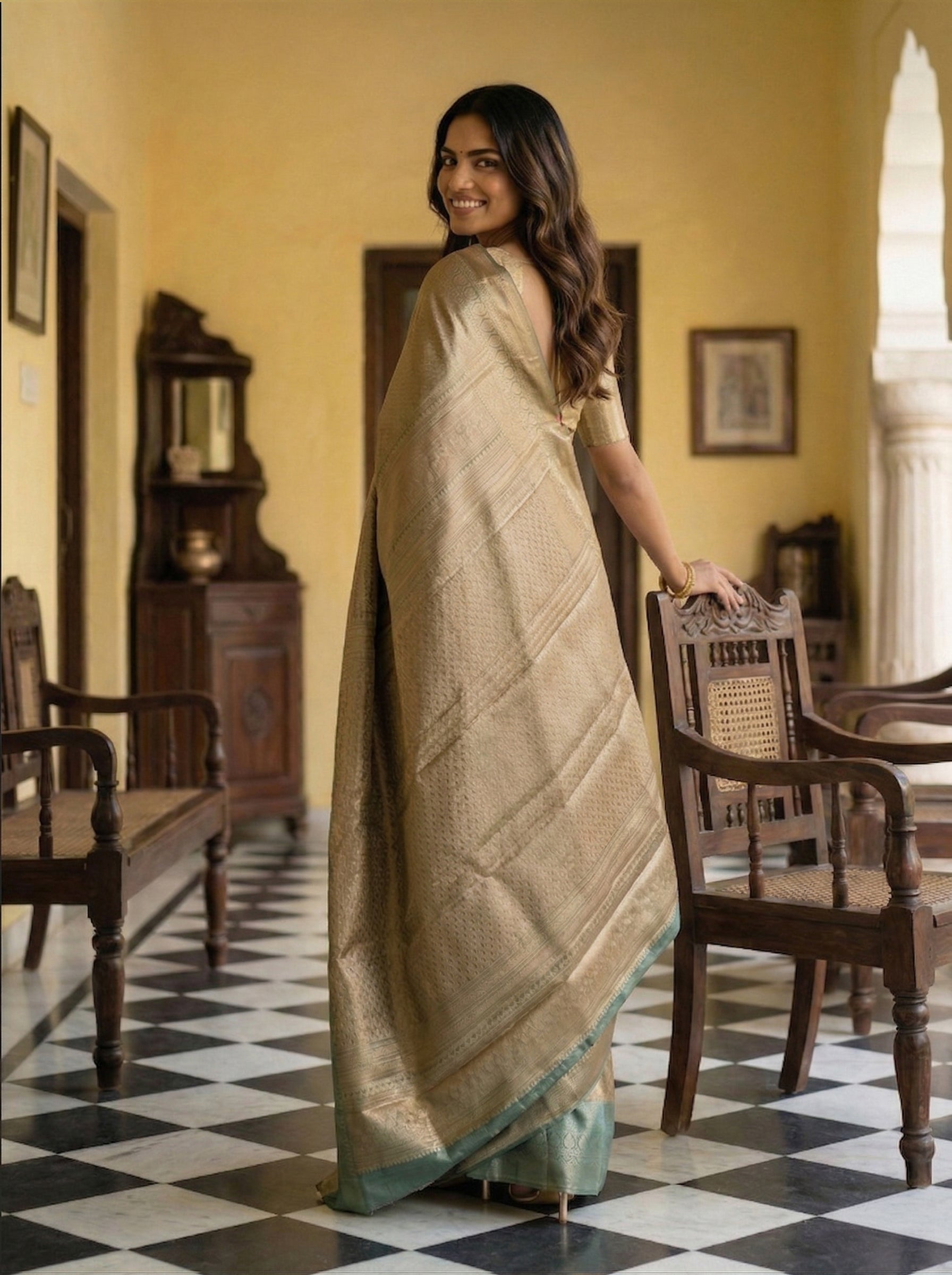 Kanjivaram Pure silk Antique Gold Self-Design Saree with Contrast Piping