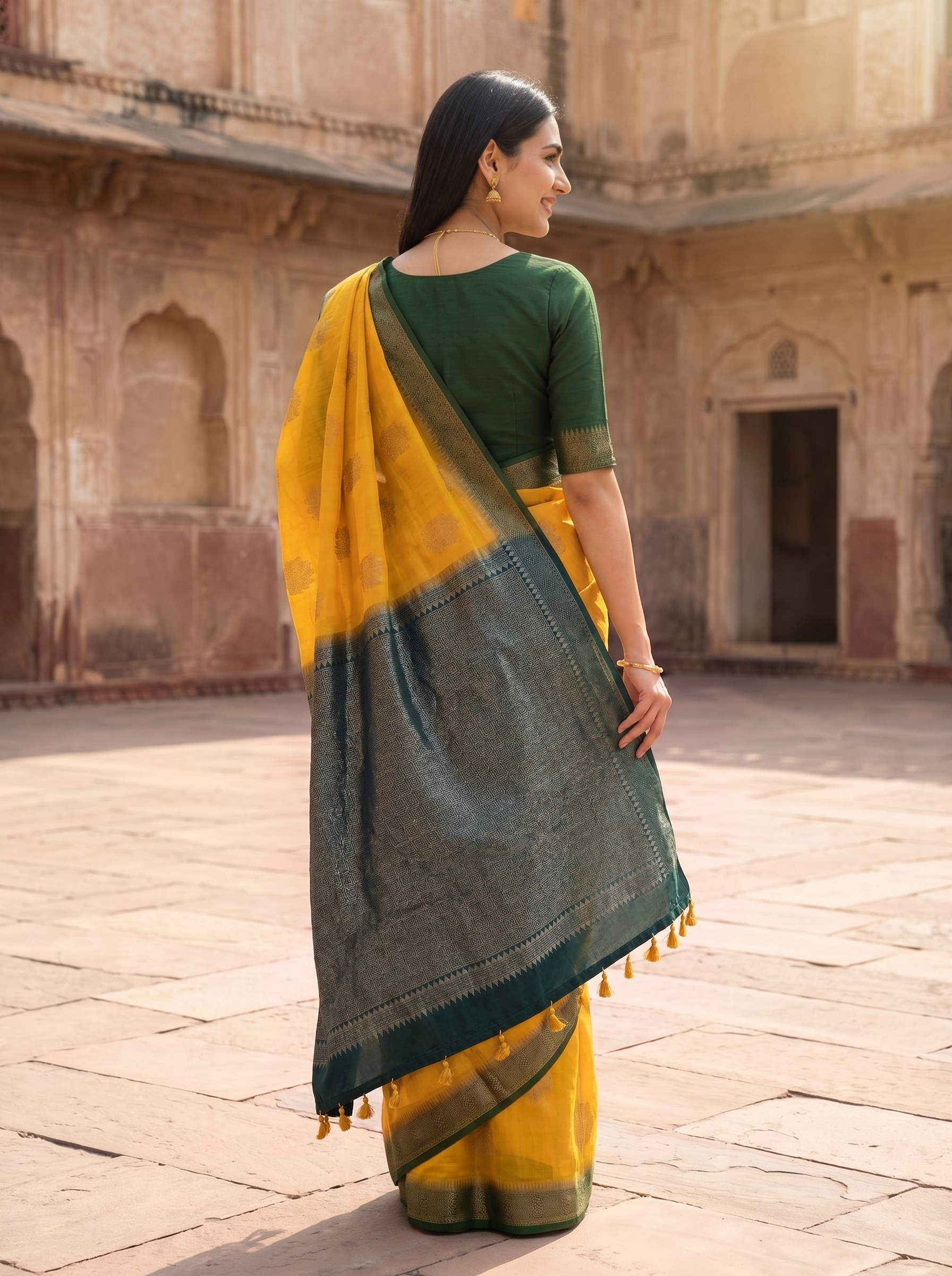 Semi Tussar Mustard Yellow Saree with Green Zari Border