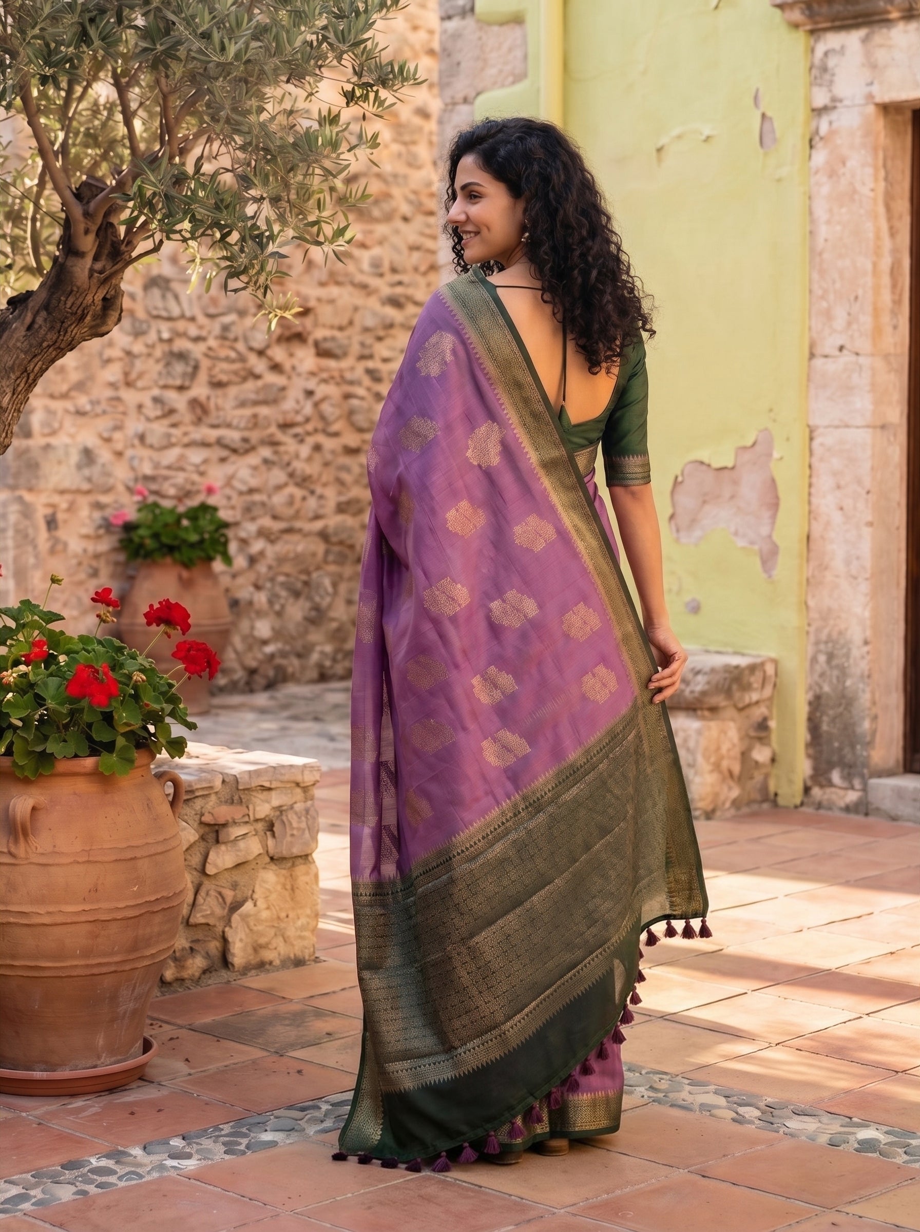 Semi Tussar Lavender Purple Gold Butta Traditional Saree