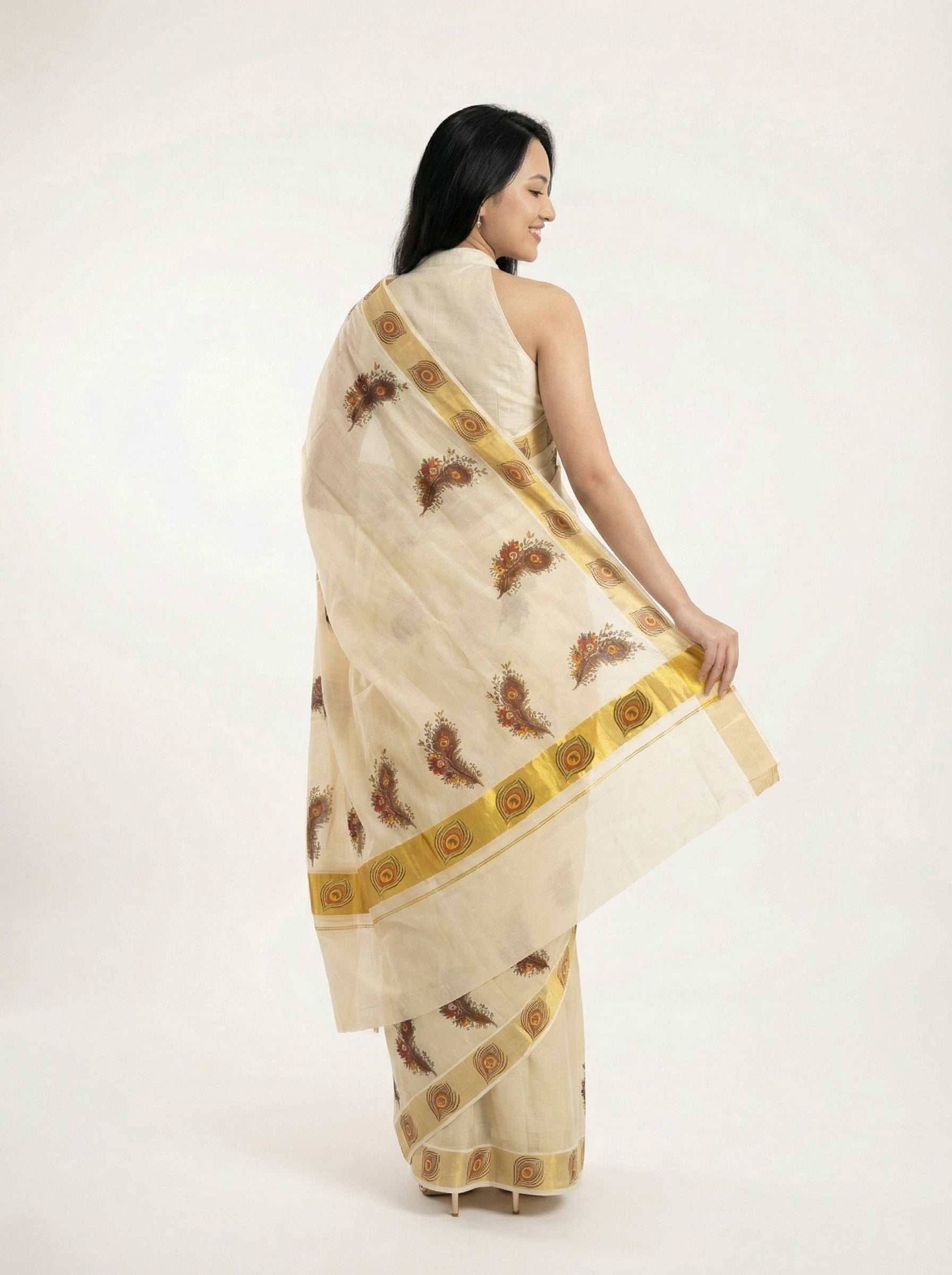 Cotton Kasavu Cream & Gold  Krishna Mural Digital Print Traditional  & Temple Festival Saree
