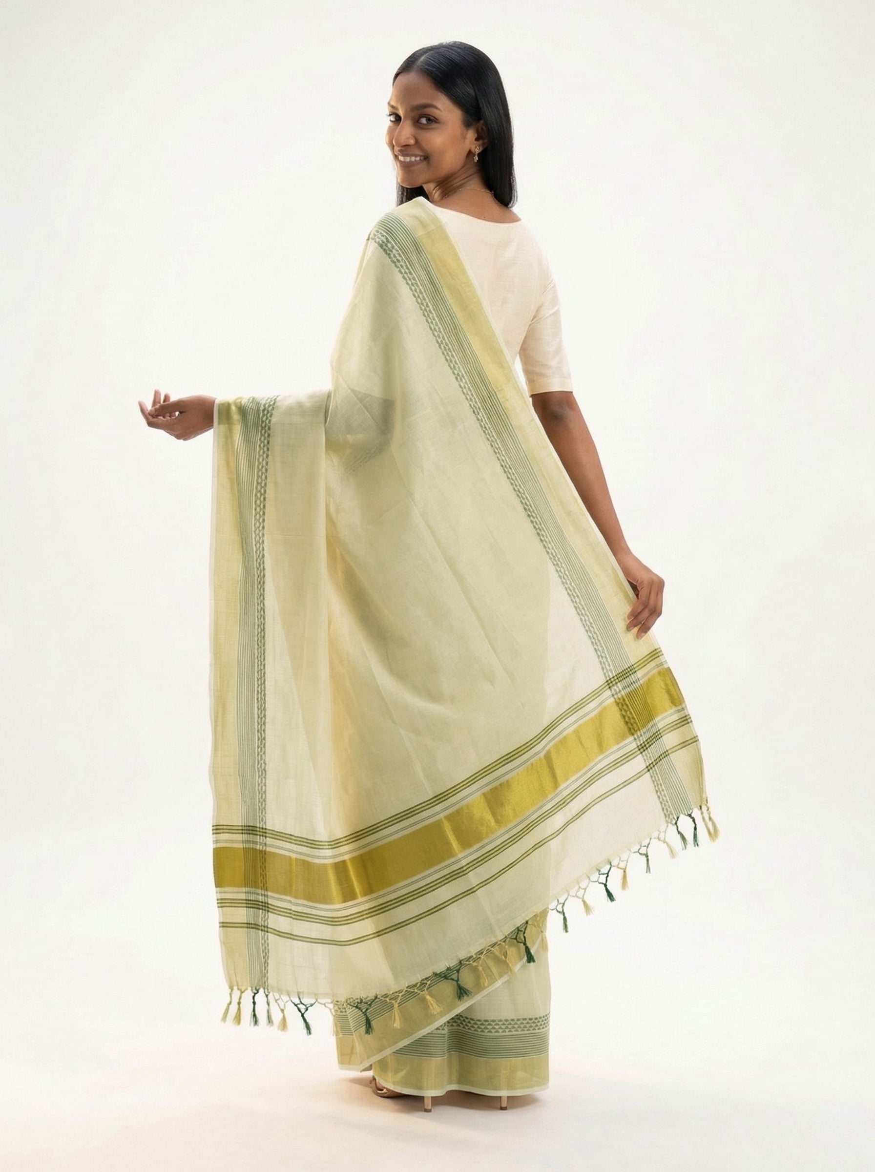 Tissue Cream Zari Border Set Saree with Geometric Pattern