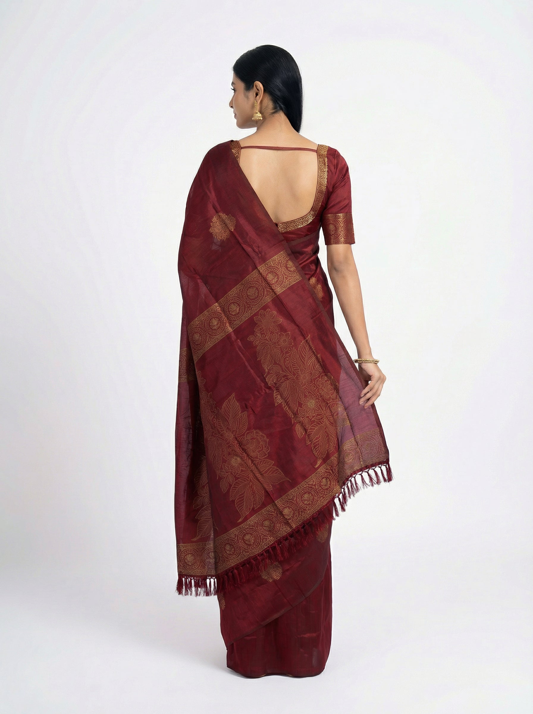 Semi Silk Maroon Saree with Floral Pallu & Plain Border Blouse