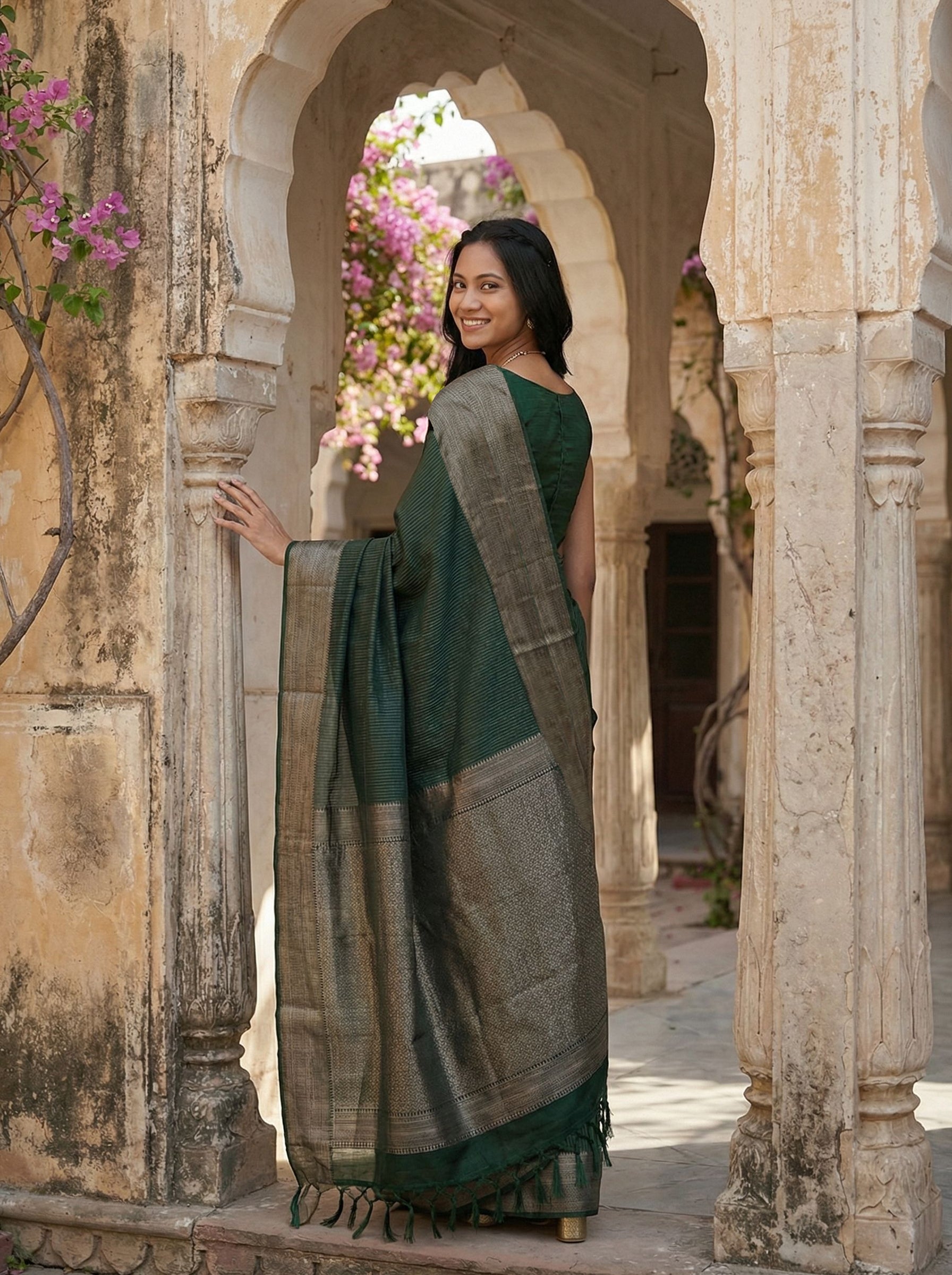 Kanjivaram Pure silk Bottle Green Striped Saree with Silver Zari Border