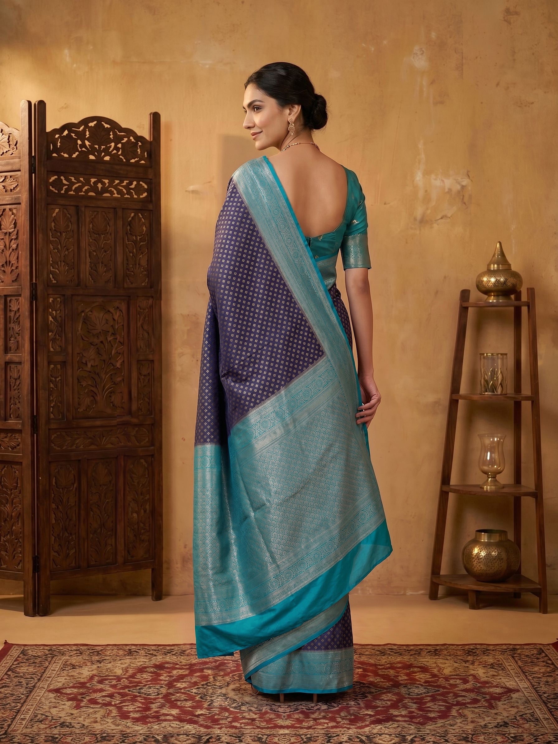 Semi Silk Navy Blue Saree with Gold Zari Butti Pattern and Contrast Aqua Blue Woven Border