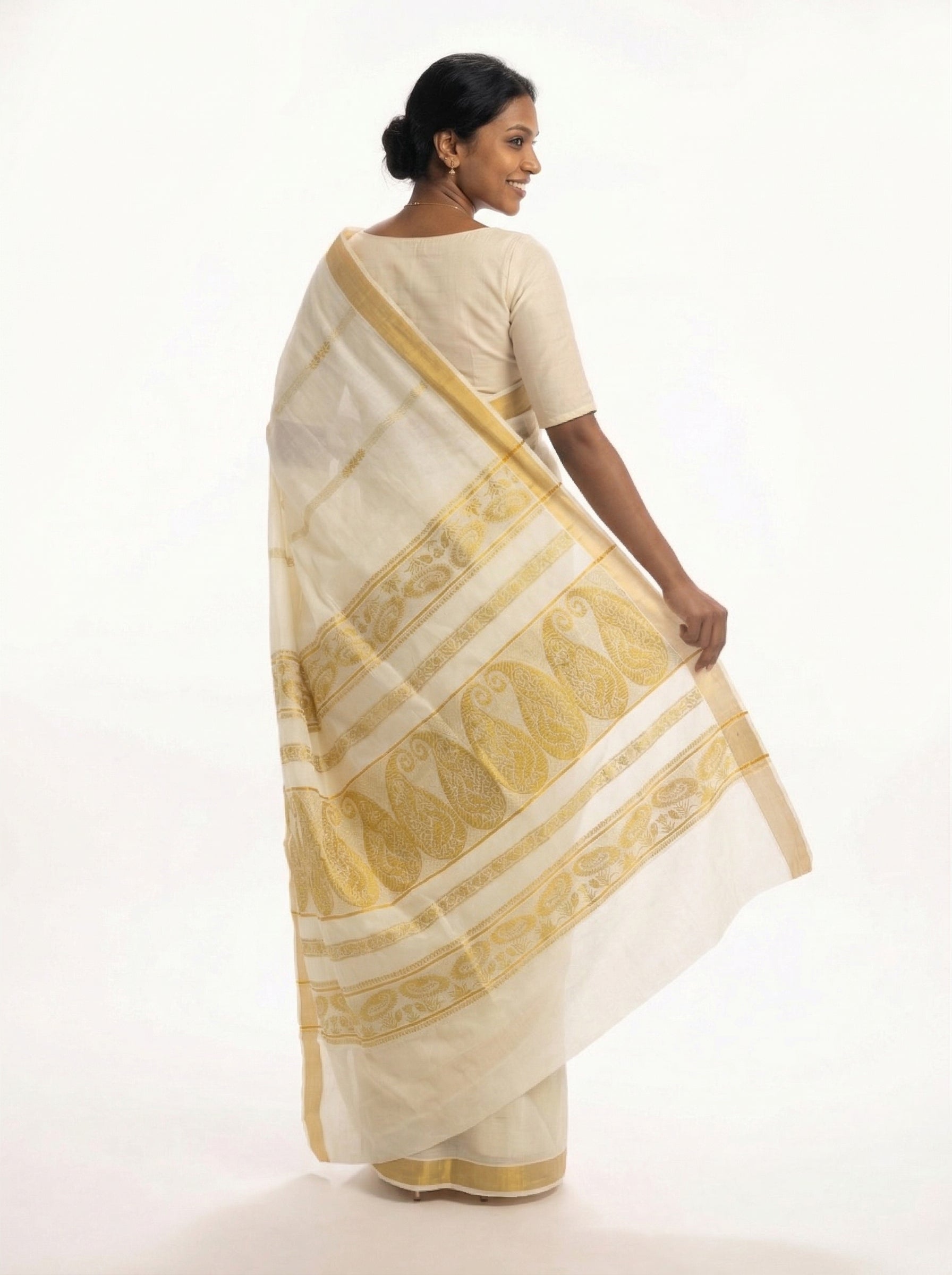 Cotton Cream Saree with Golden Border and Traditional Pattern Set Saree