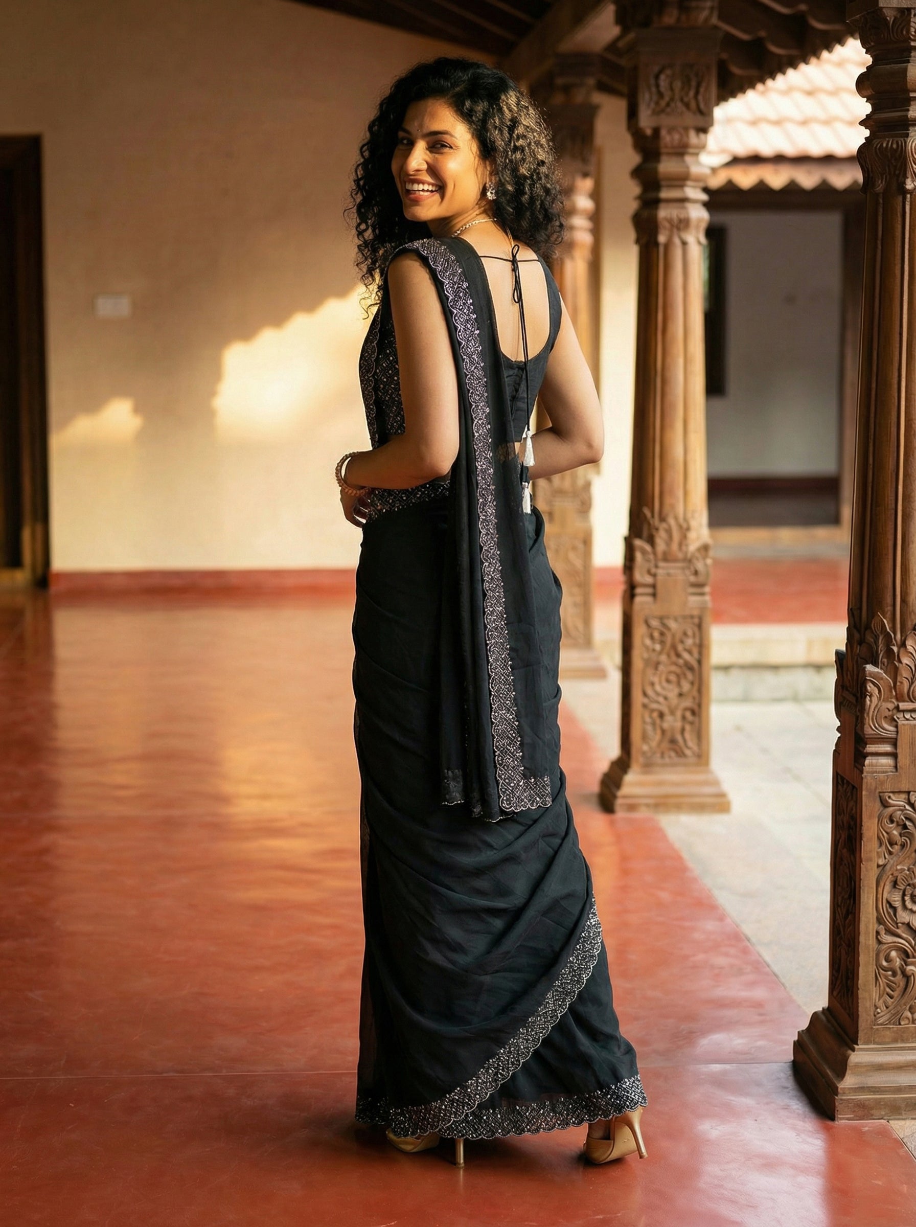 Satin Black Designer Party Ready to Wear Saree with Stone Work